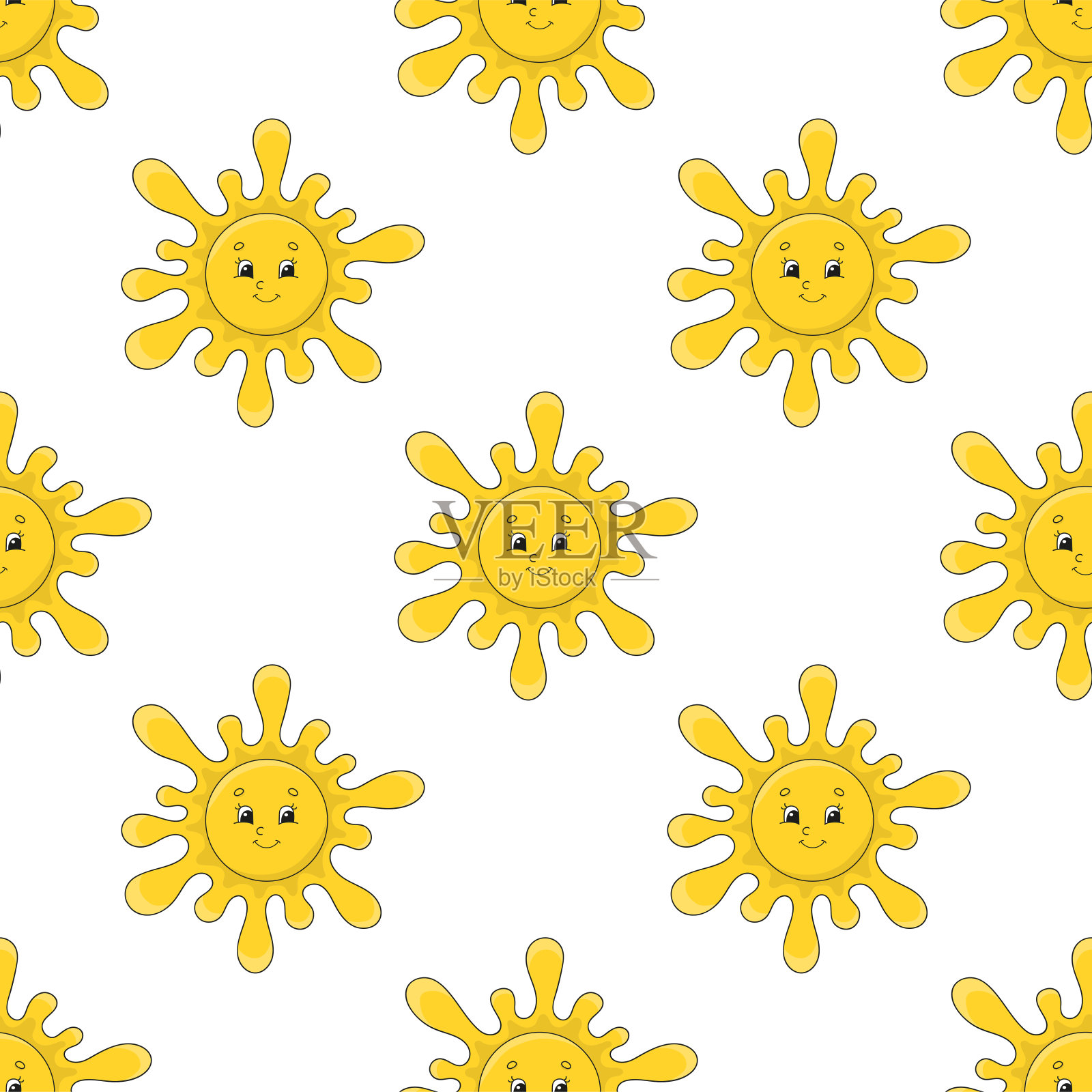 快乐的阳光。彩色无缝图案与可爱的卡通人物。简单的平面矢量插图孤立在白色背景上。设计壁纸，面料，包装纸，封面，网站。插画图片素材