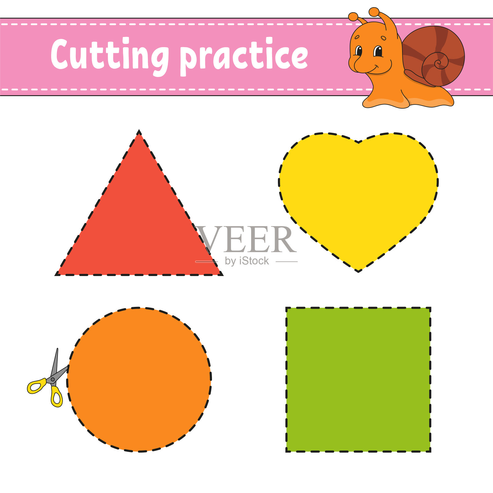 为孩子们削减练习。教育发展工作表。带有图片的活动页面。游戏对孩子们。孤立的矢量图。有趣的角色。卡通风格。插画图片素材