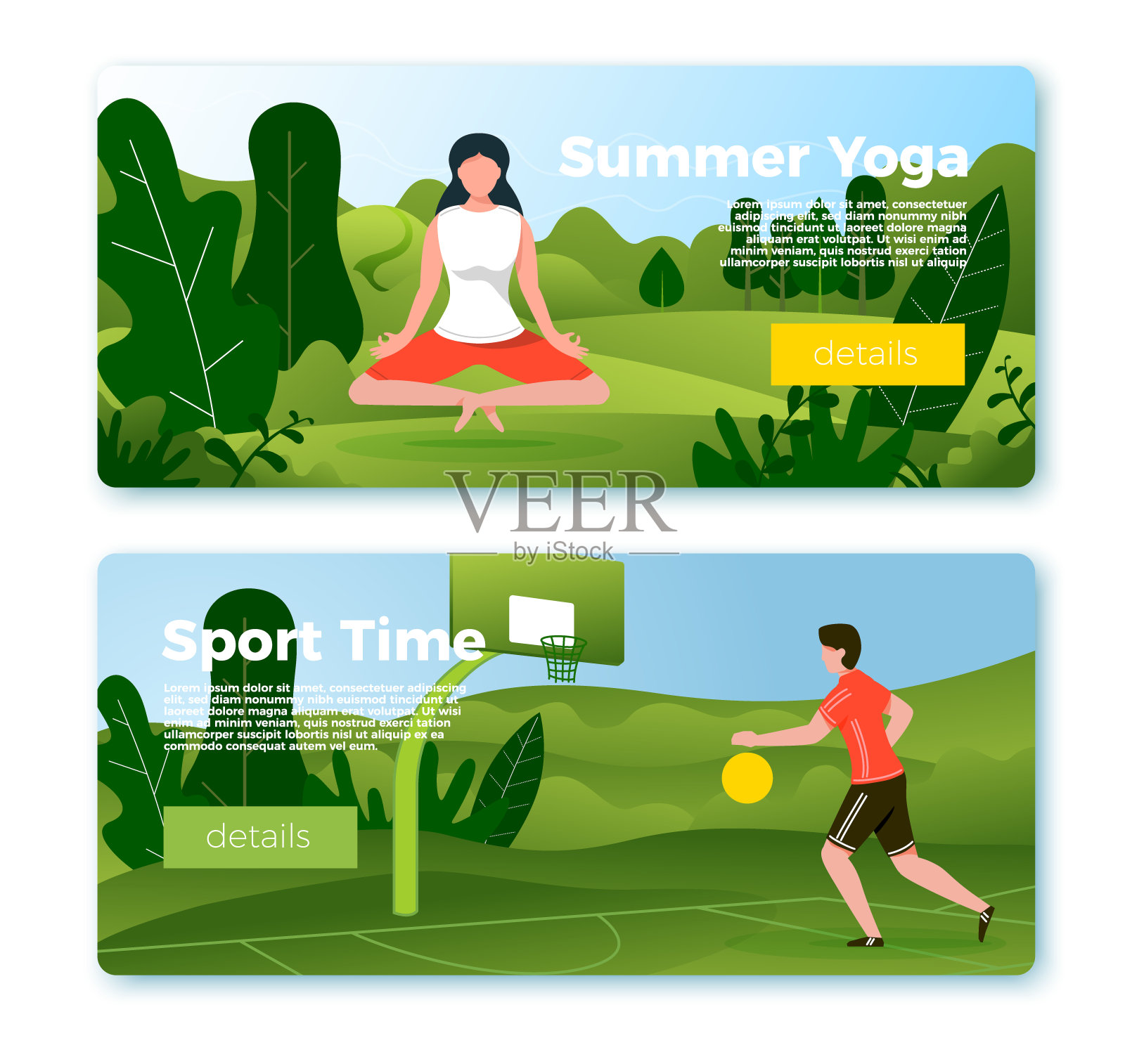 矢量横幅-篮球运动员，瑜伽公园插画图片素材