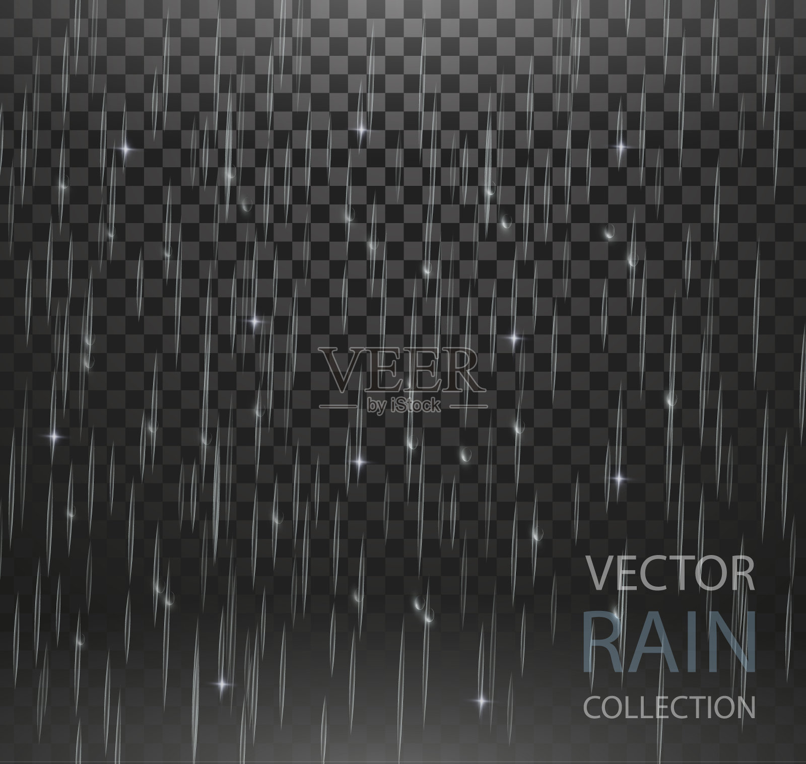 矢量高质量雨水收集集隔离在透明的背景。可以用于传单，横幅，网络或任何项目。水滴下落。黑色背景上自然纹理的降雨。每股收益10。设计元素图片