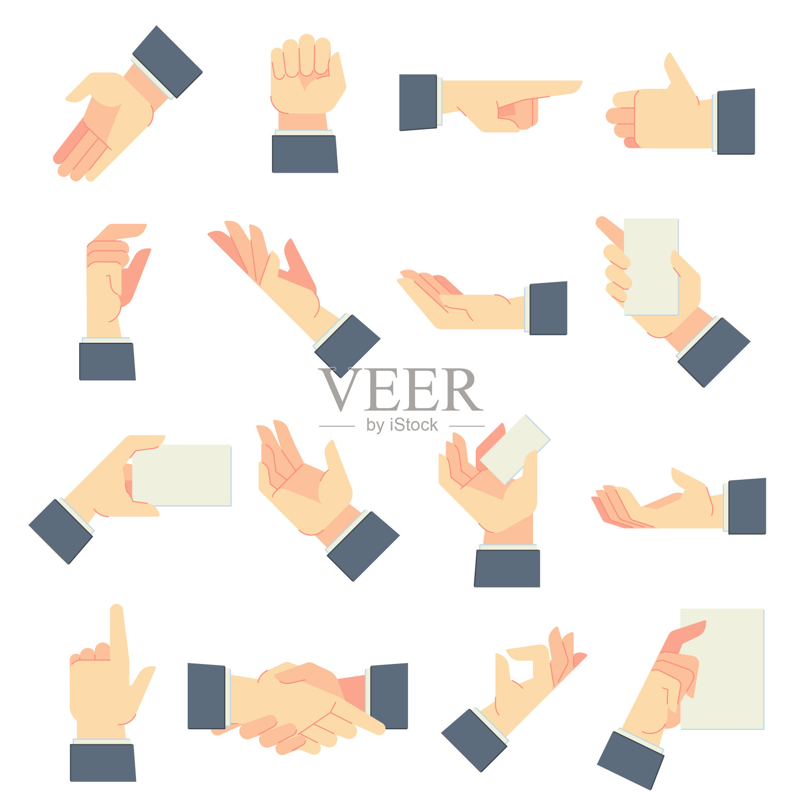 商人的手势。指向方向的手，给予一把手势，并在男性手中持有卡通矢量插图套装设计元素图片