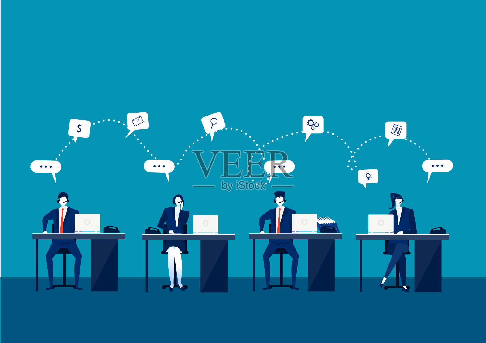 客户服务和支持的概念在办公室的扁平呼叫中心操作员工作与笔记本电脑和耳机。的矢量图插画图片素材