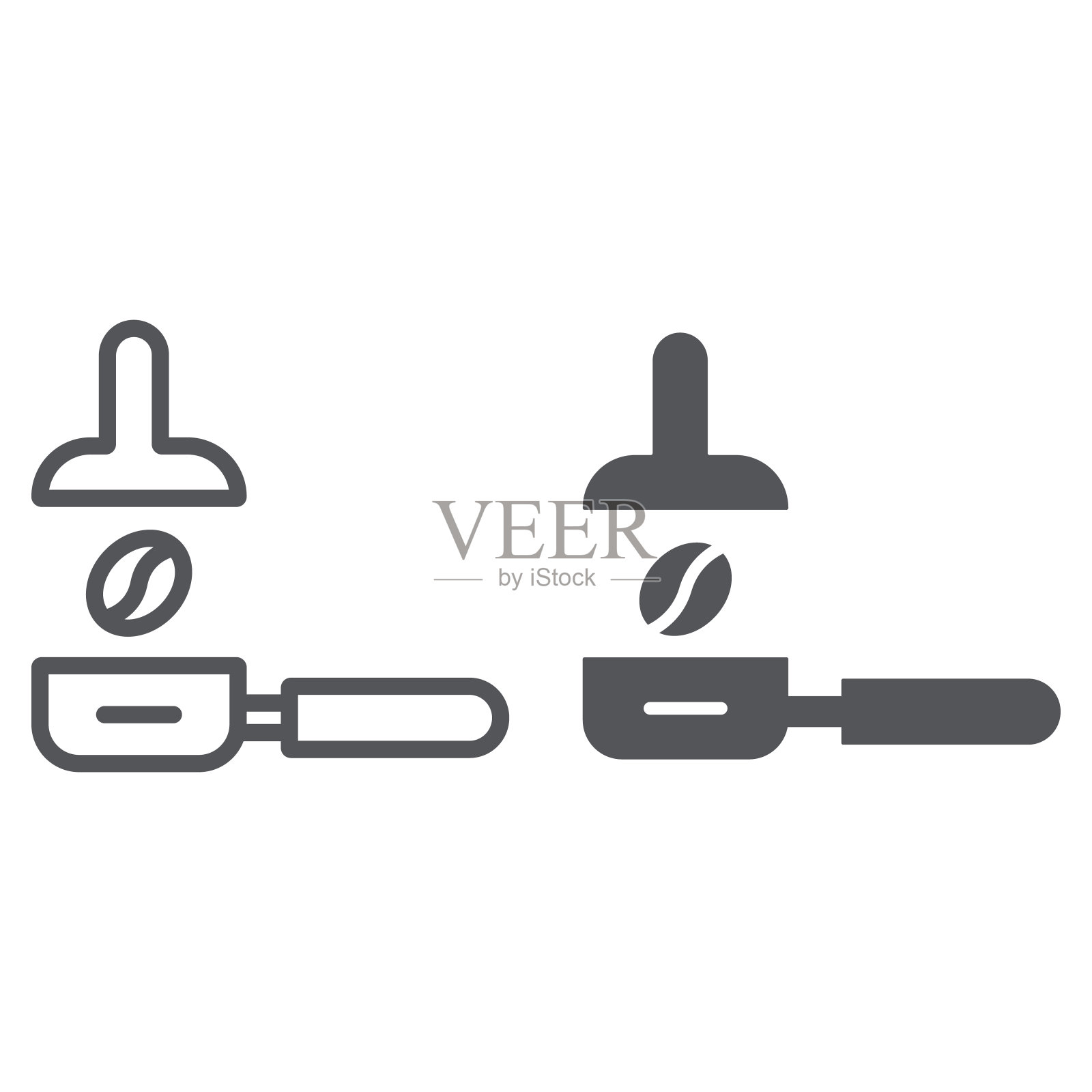 portfilter线和字形图标，咖啡和咖啡师，咖啡夯实标志，矢量图形，白色背景上的线性模式。图标素材