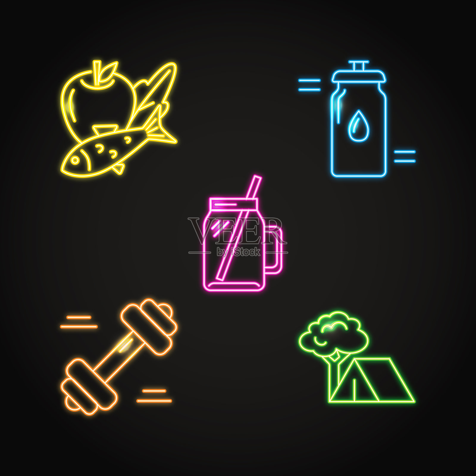 健康的生活方式概念图标设置在霓虹灯风格图标素材