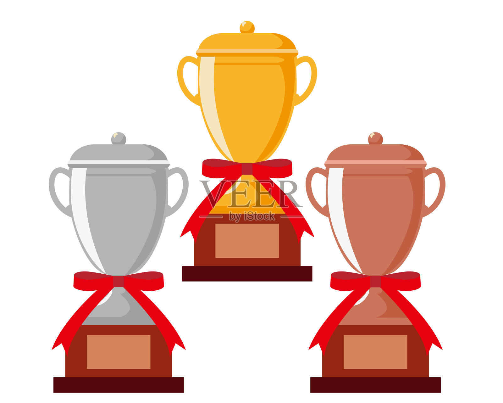 奖杯，奖励，矢量图标在平面风格。冠军铜奖、金奖。银奖杯。插画图片素材