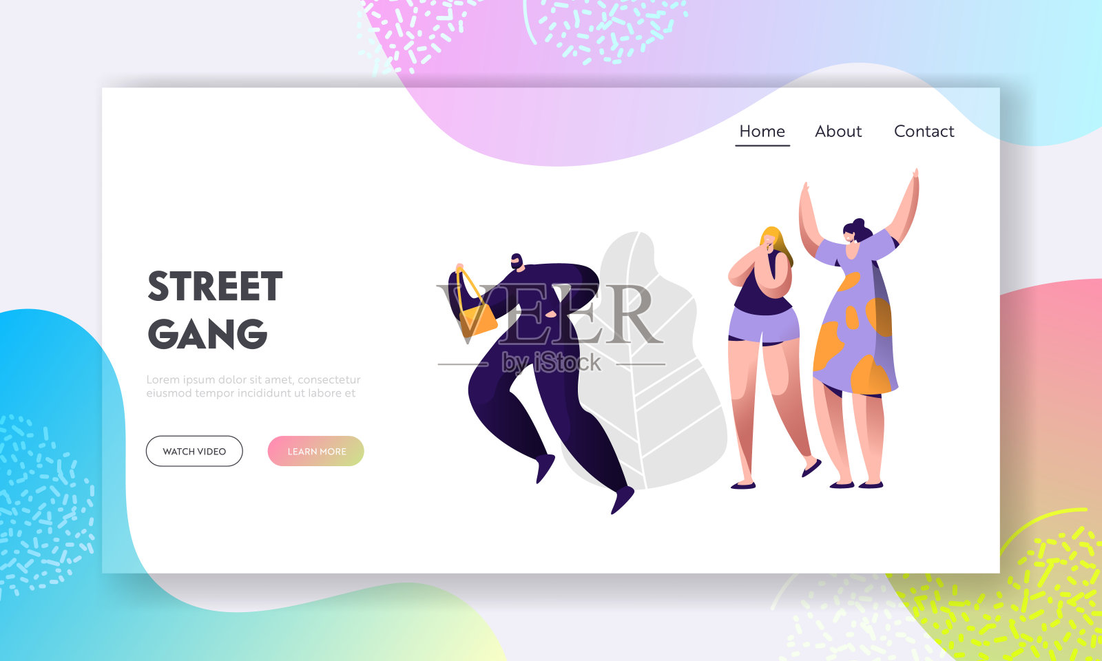 小偷从呼救的受害者手中偷包，女性角色目击者呼叫警察抓罪犯。法律、安全、立法网站登陆页、网页。卡通平面矢量插图，旗帜插画图片素材