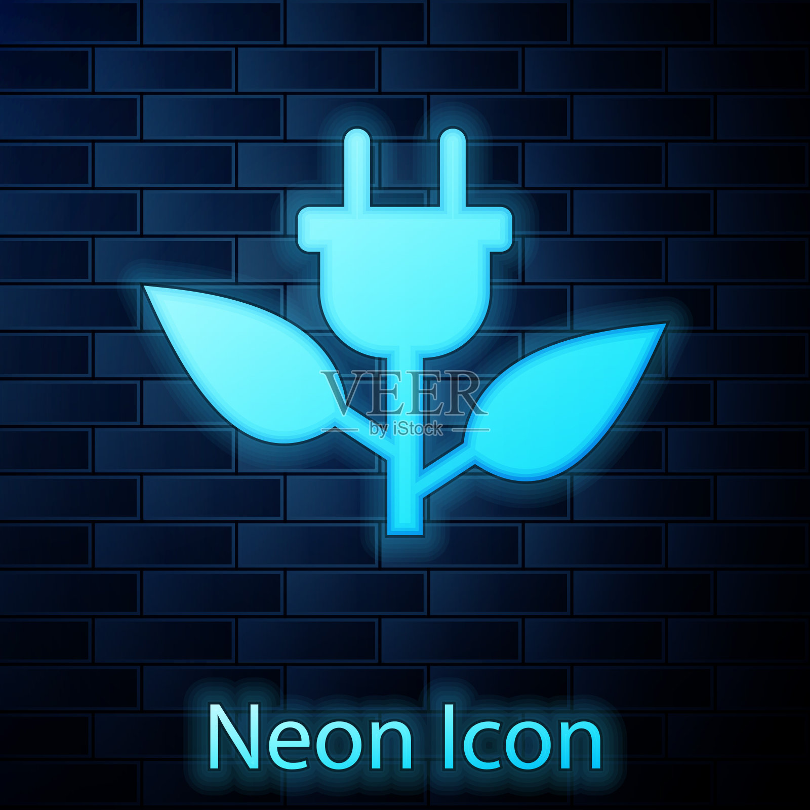 在砖墙背景上孤立的叶子图标上的电灯节省插头。省电图标。环保图标。生物能源。矢量图插画图片素材