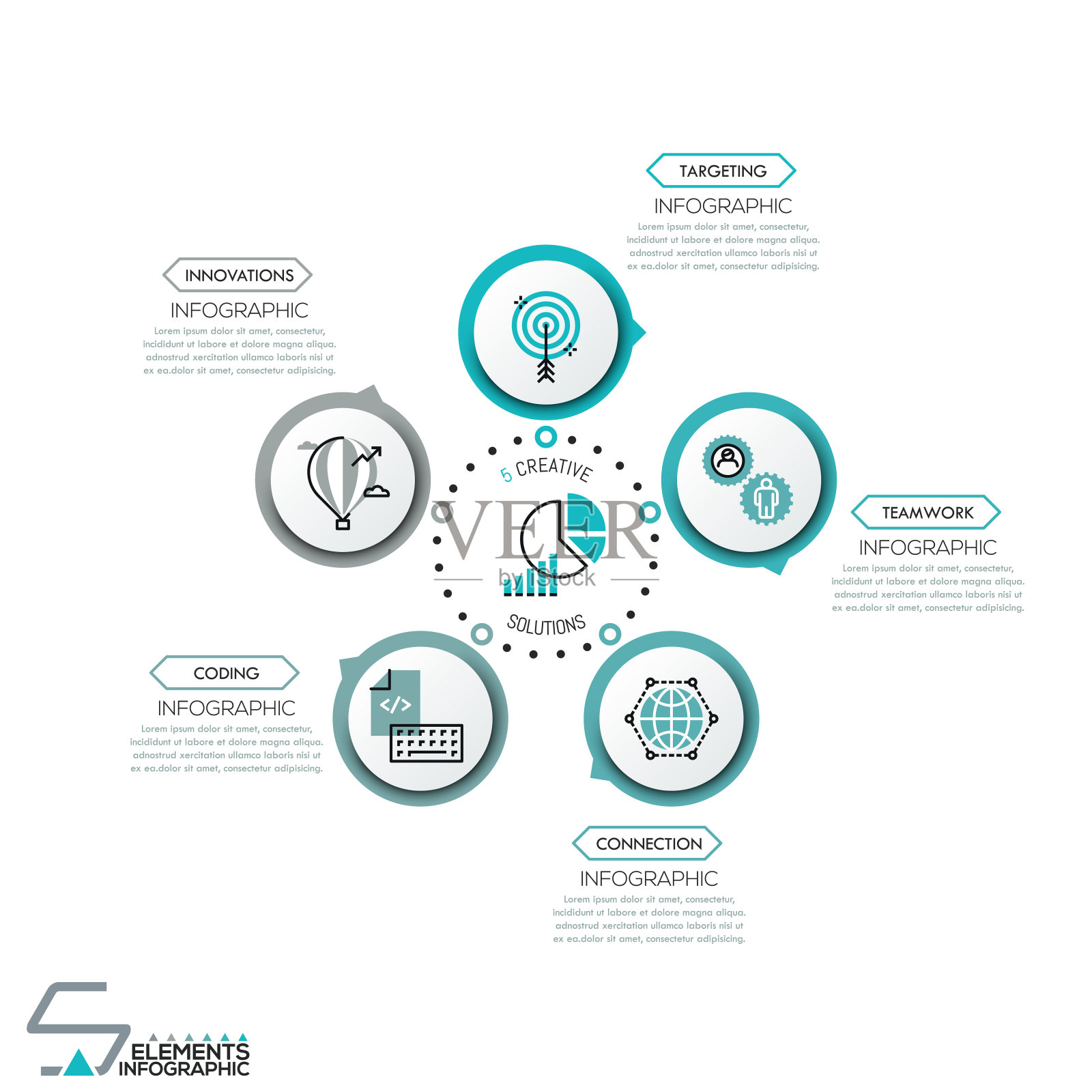圆形图，5个圆形元素与象形文字设计模板素材