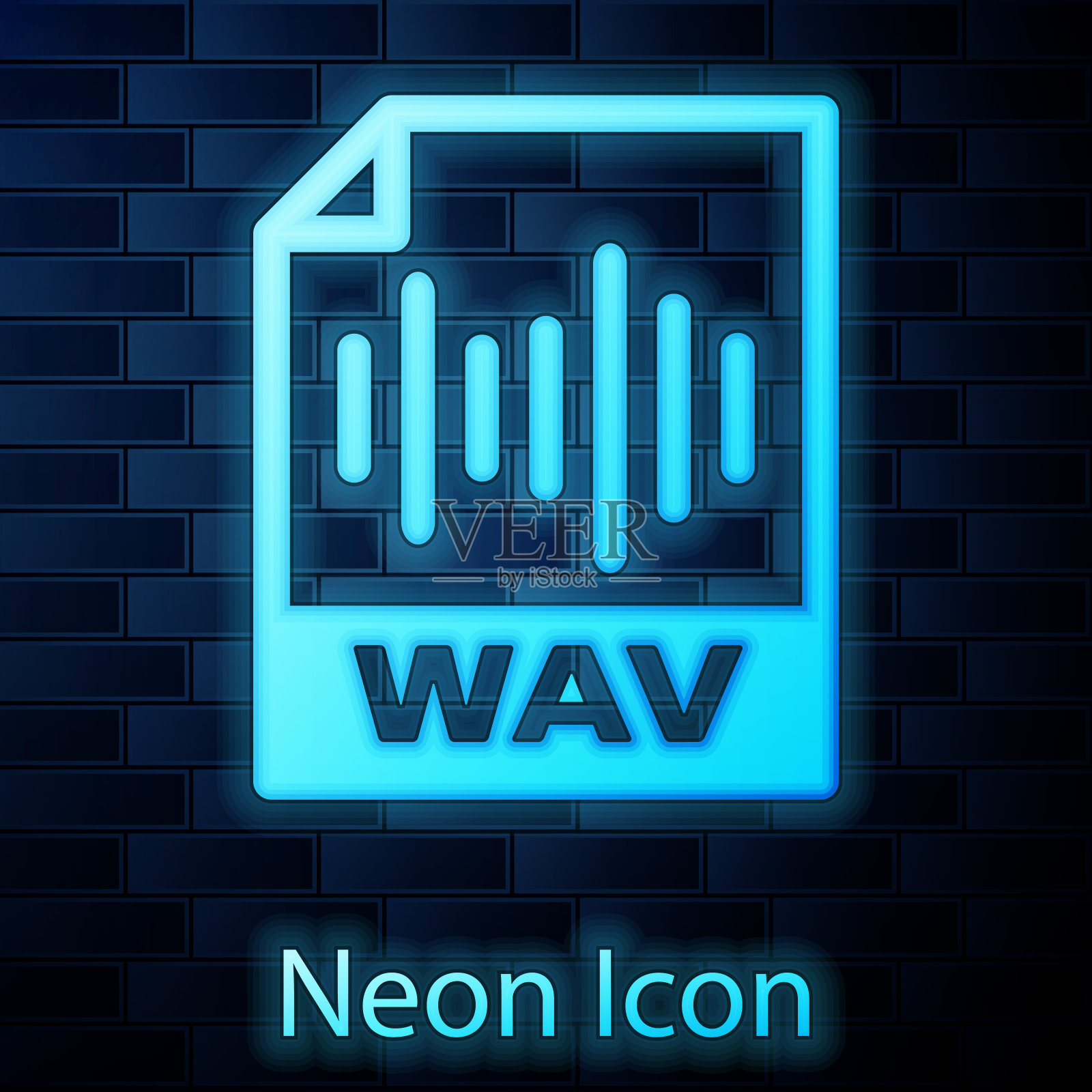 发光的霓虹灯WAV文件文件图标。下载wav按钮图标隔离在砖墙背景。WAV波形音频文件格式的数字音频riff文件。矢量图插画图片素材