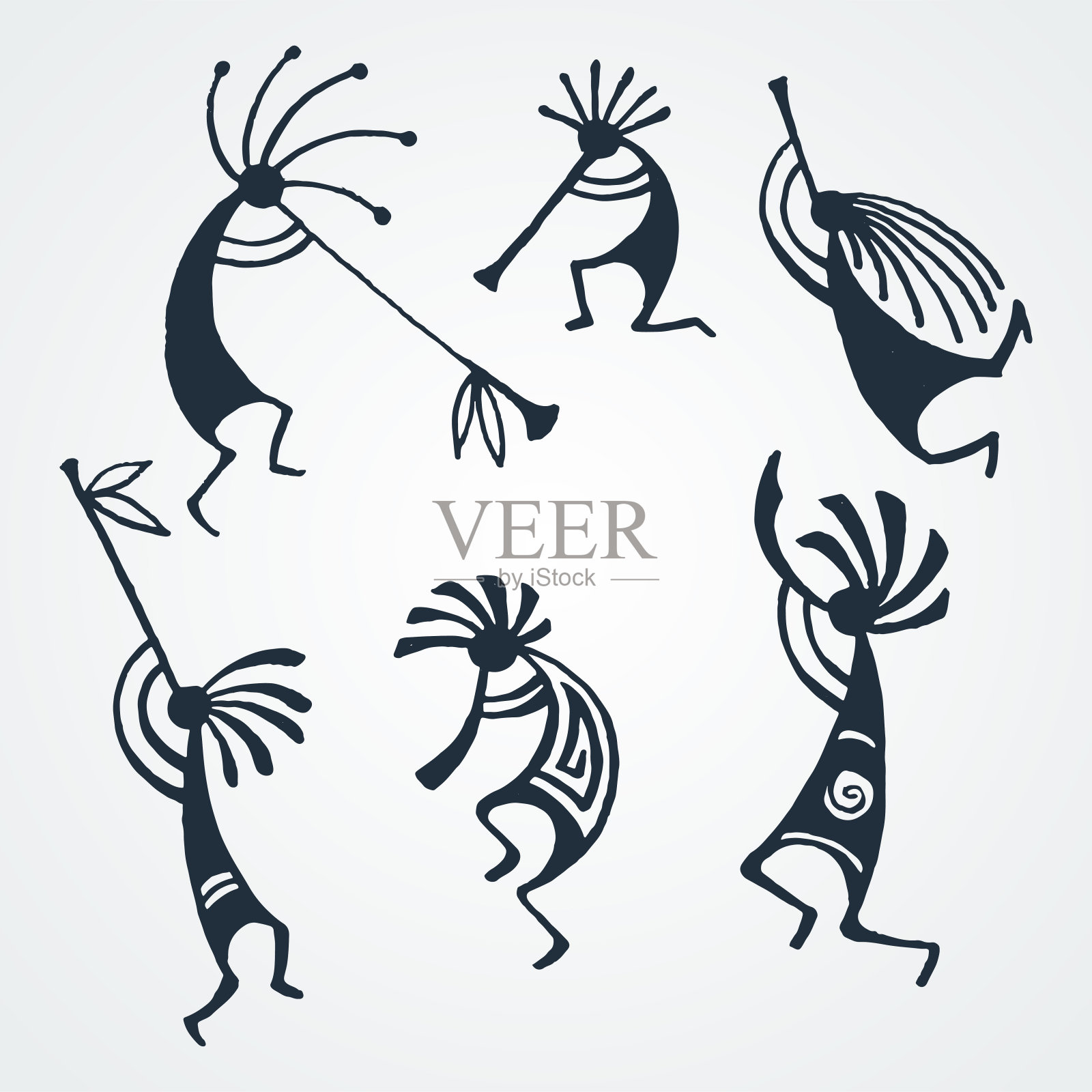 手绘的Kokopelli人物。风格化的神话人物吹笛子。插画图片素材