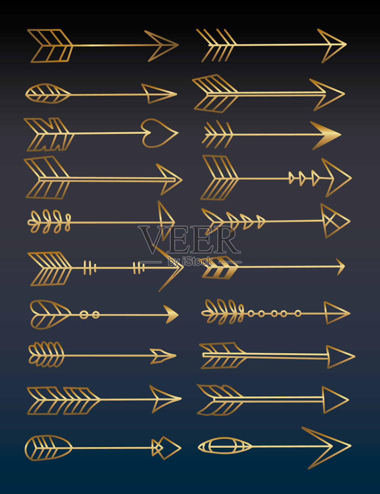 收集不同形状的黄金矢量箭头图纸插画图片素材