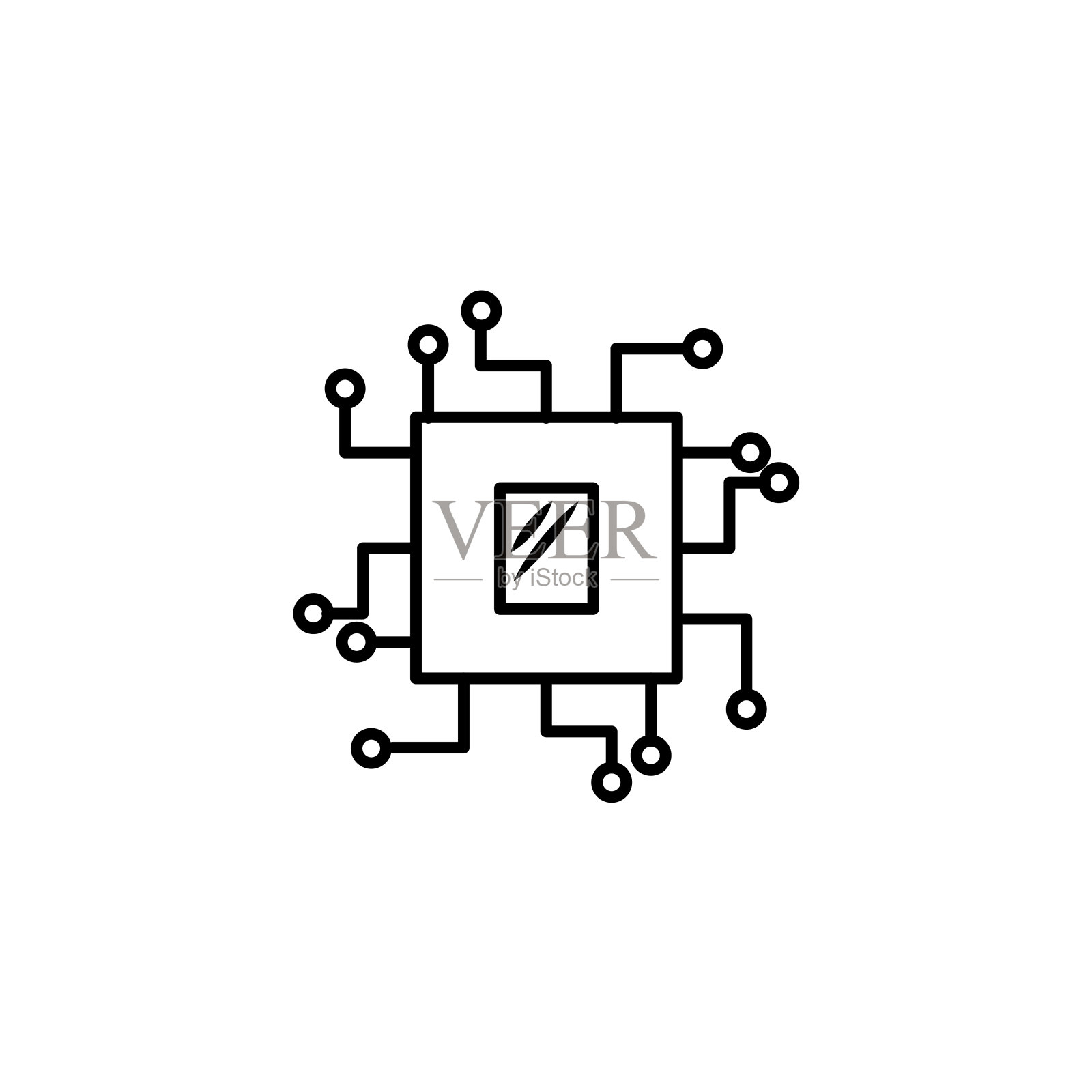 微芯片线图标。CPU，中央处理器，计算机处理器，芯片符号圈。抽象技术标志。简单的圆形图标隔离在黑色背景上。创意现代矢量标志图标素材