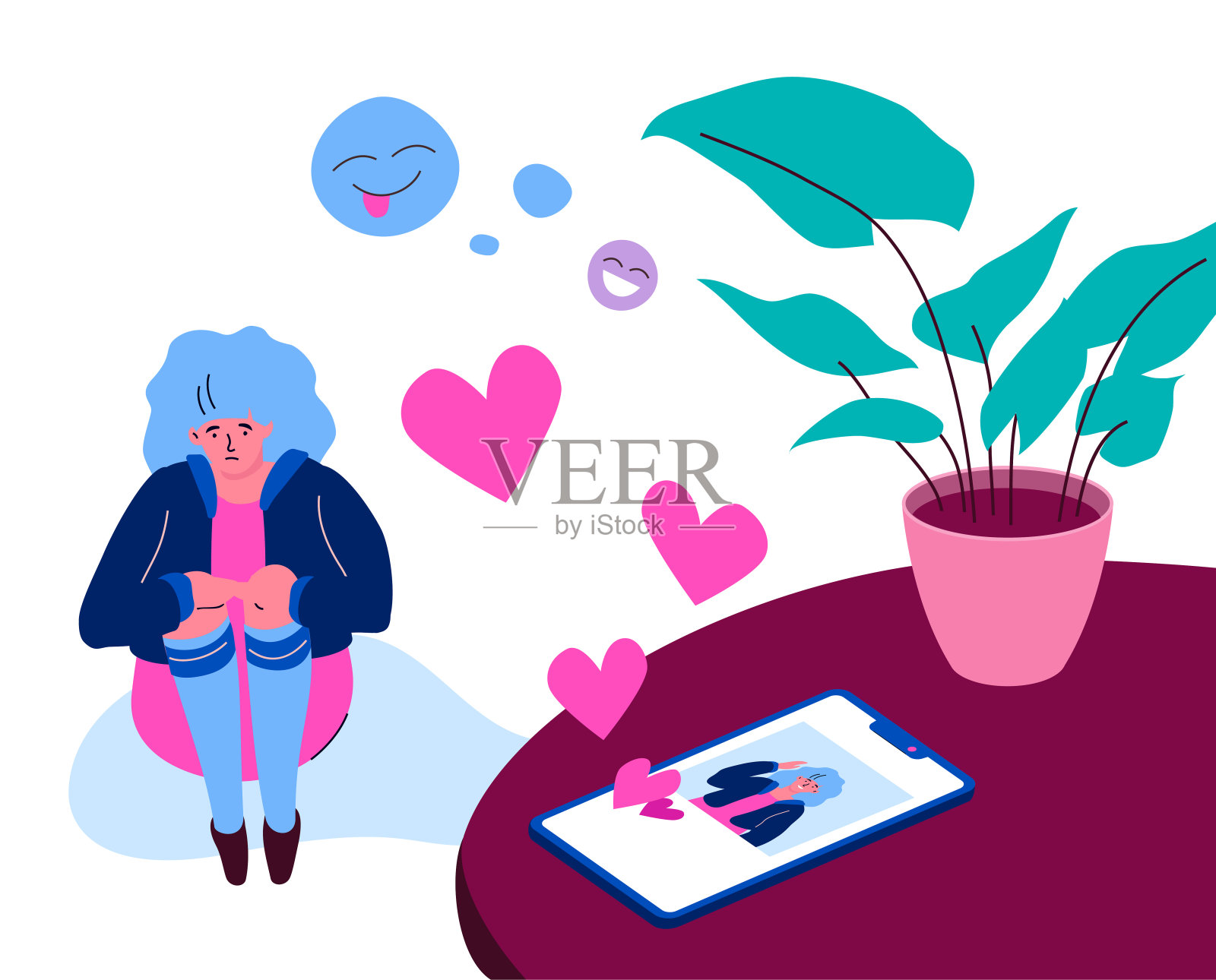 网上的寂寞——现代色彩斑斓的平面插画设计风格插画图片素材