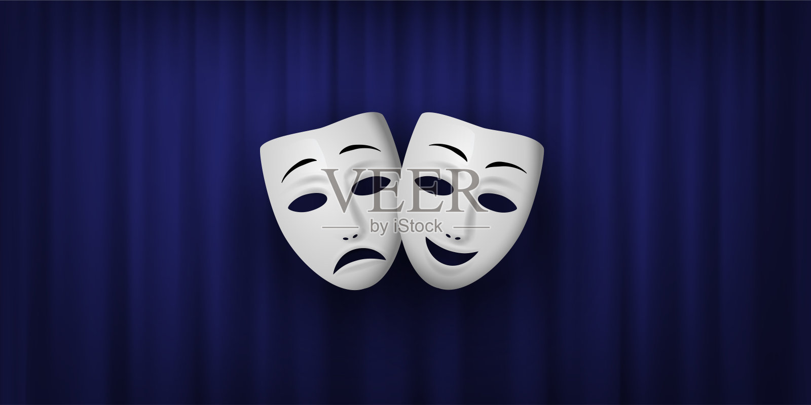 喜剧和悲剧的戏剧面具孤立在一个蓝色的幕布背景。矢量插图。插画图片素材