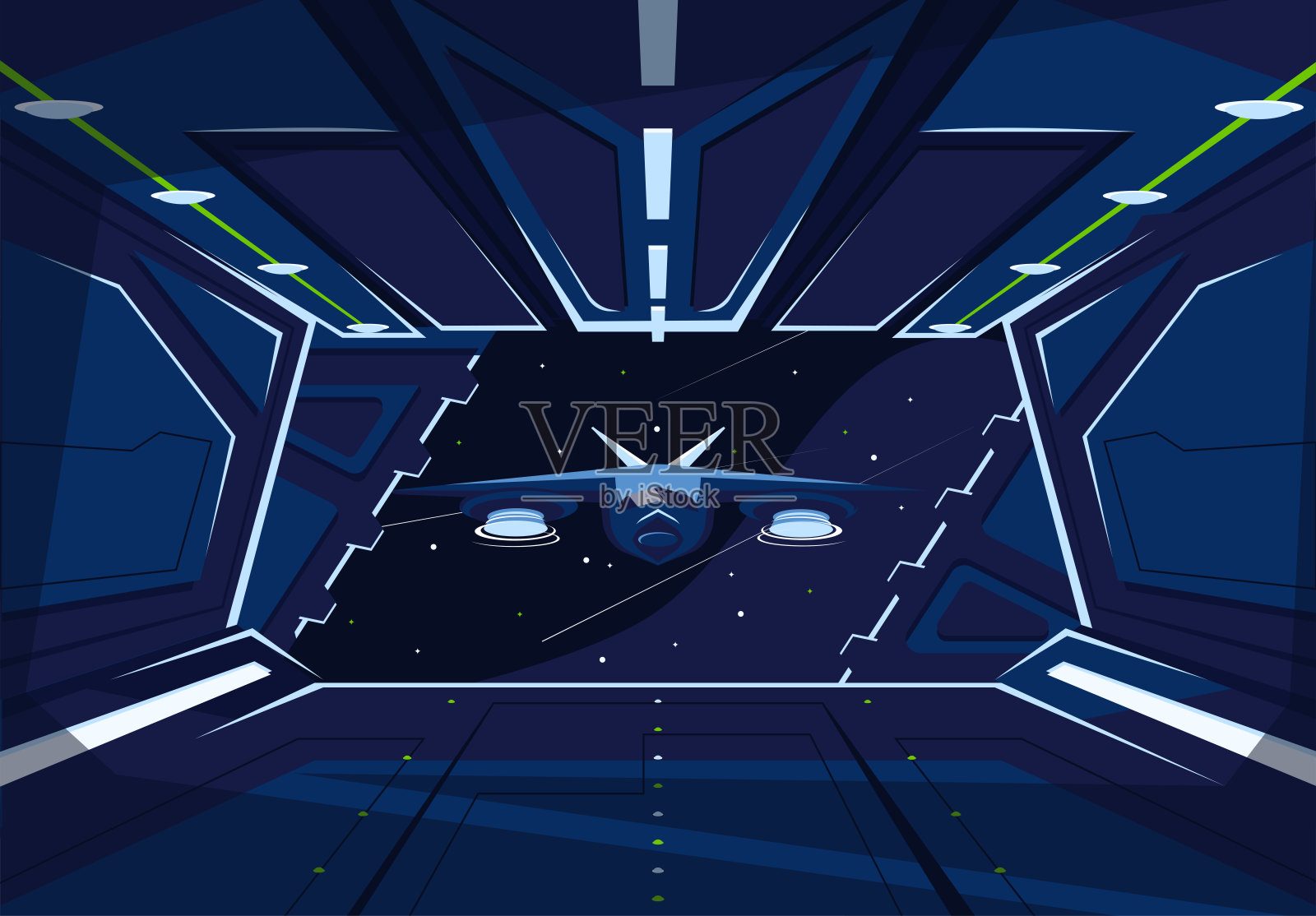 一架航天飞机等待降落在另一艘飞船的机库的矢量插图，从机库的航天飞机的视图插画图片素材