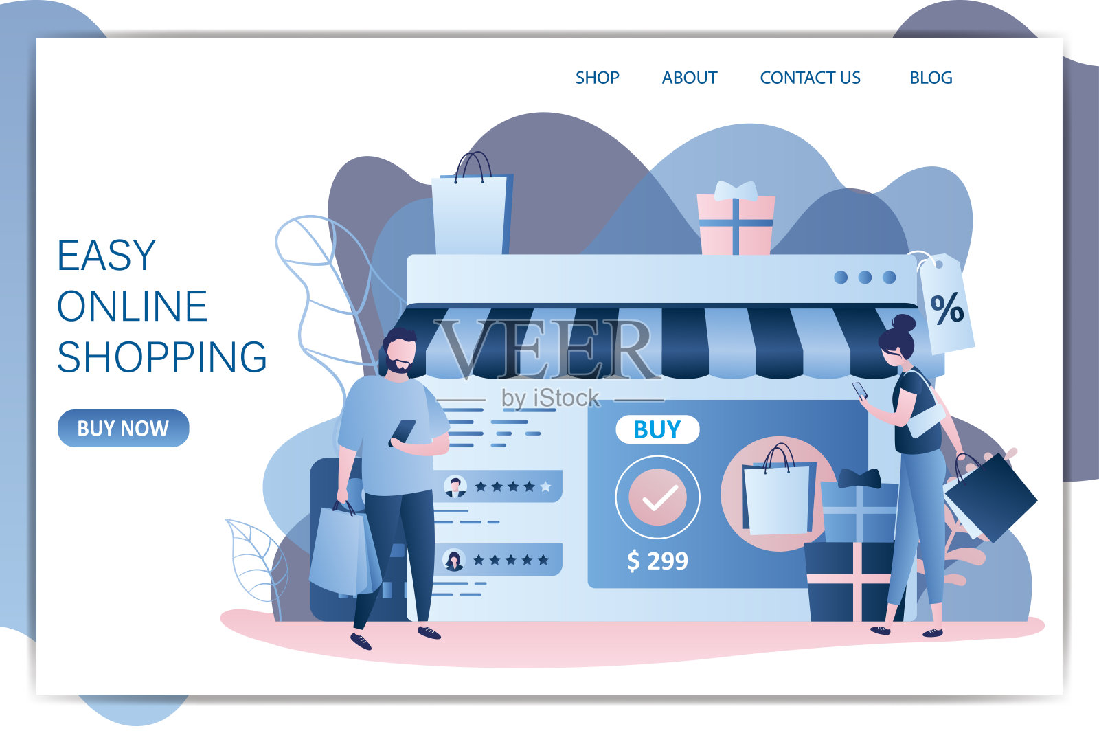 网上商店的网页或手机应用，有购物袋和智能手机的美容达人，设计模板素材