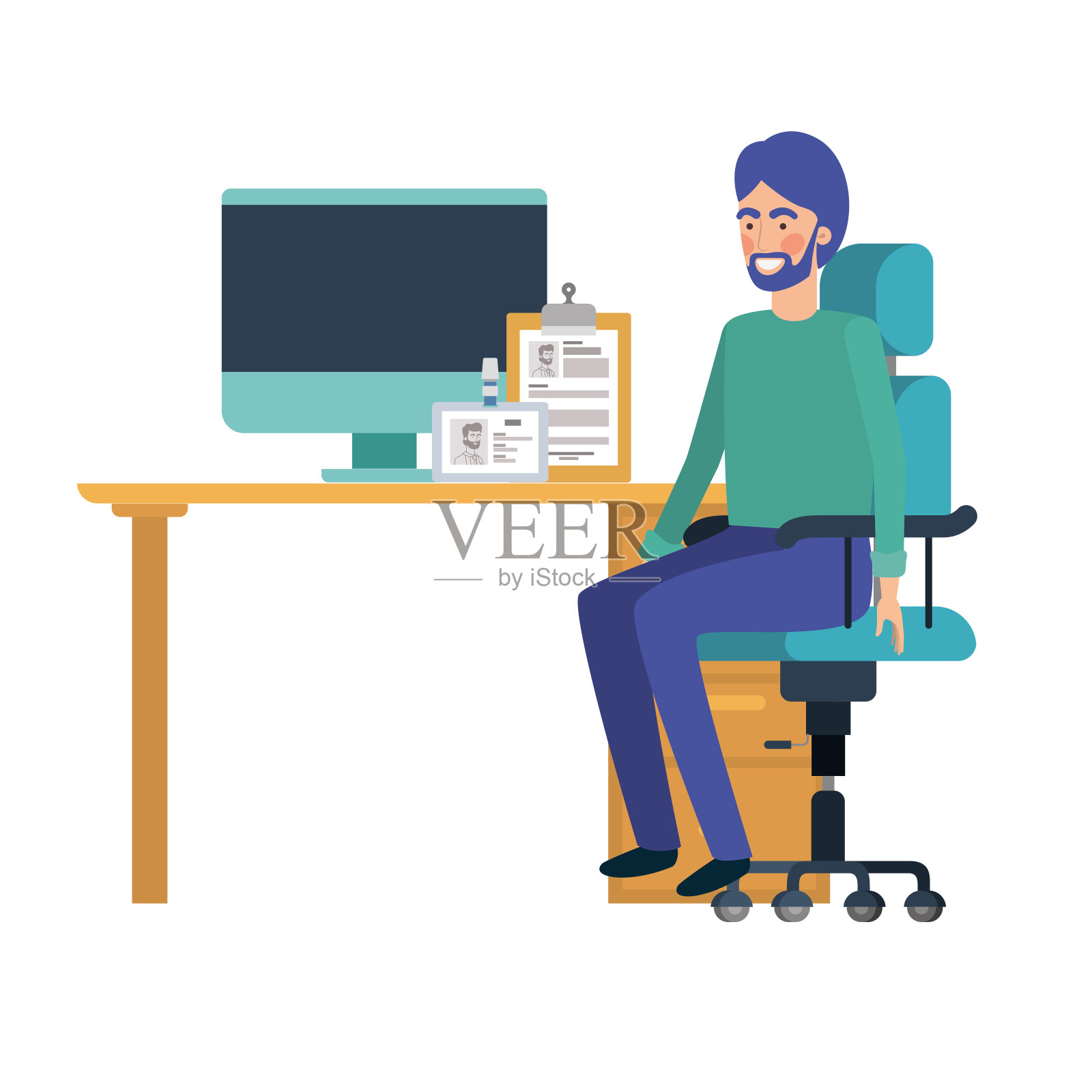 一个男人坐在白色背景的办公室里插画图片素材