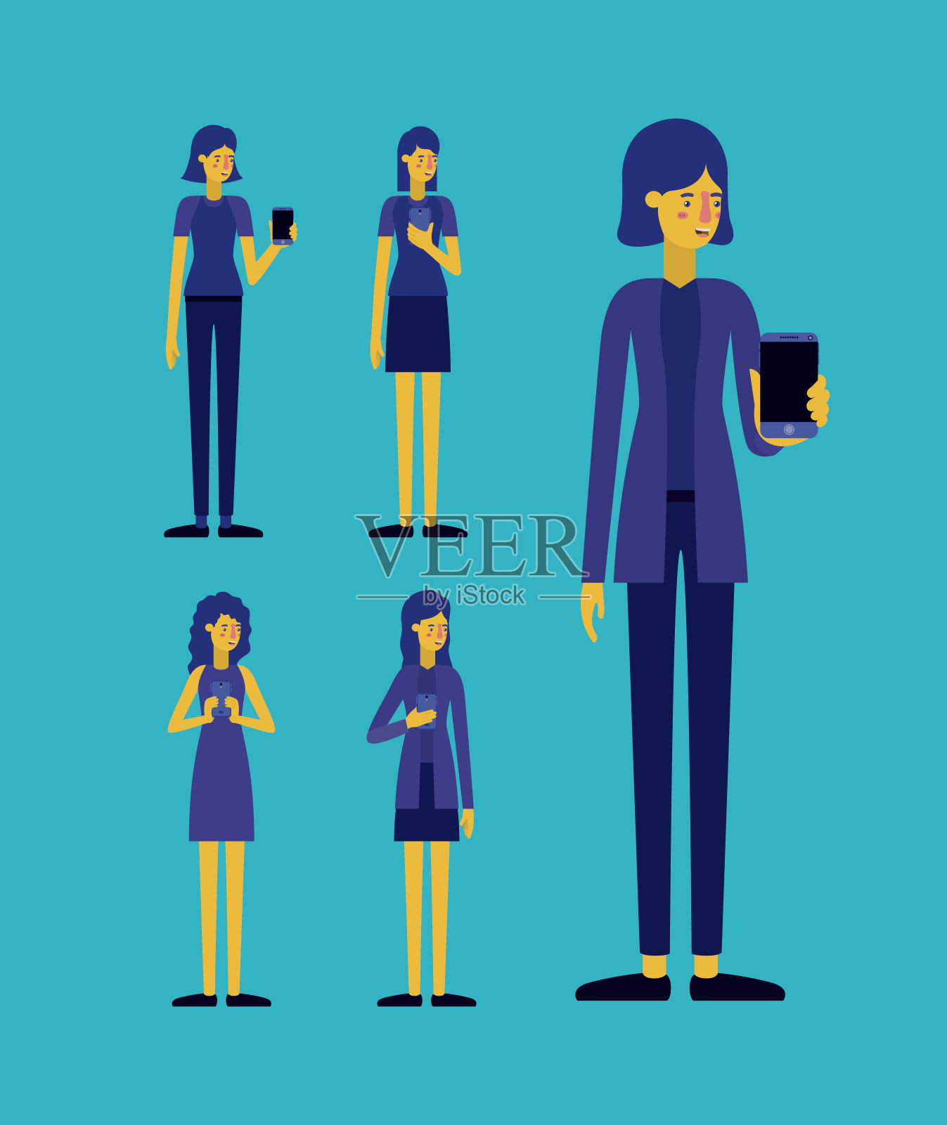 一群使用智能手机的女性插画图片素材