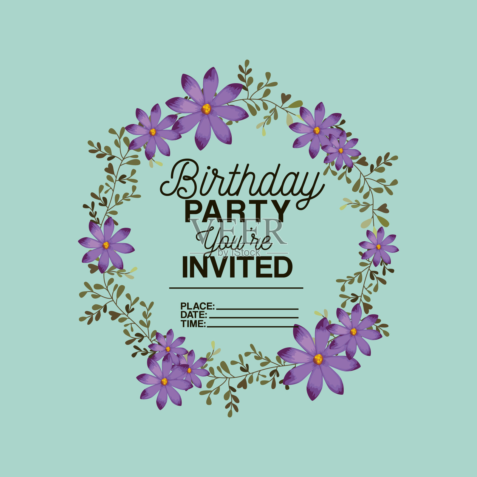 生日派对请柬上有花卉装饰插画图片素材