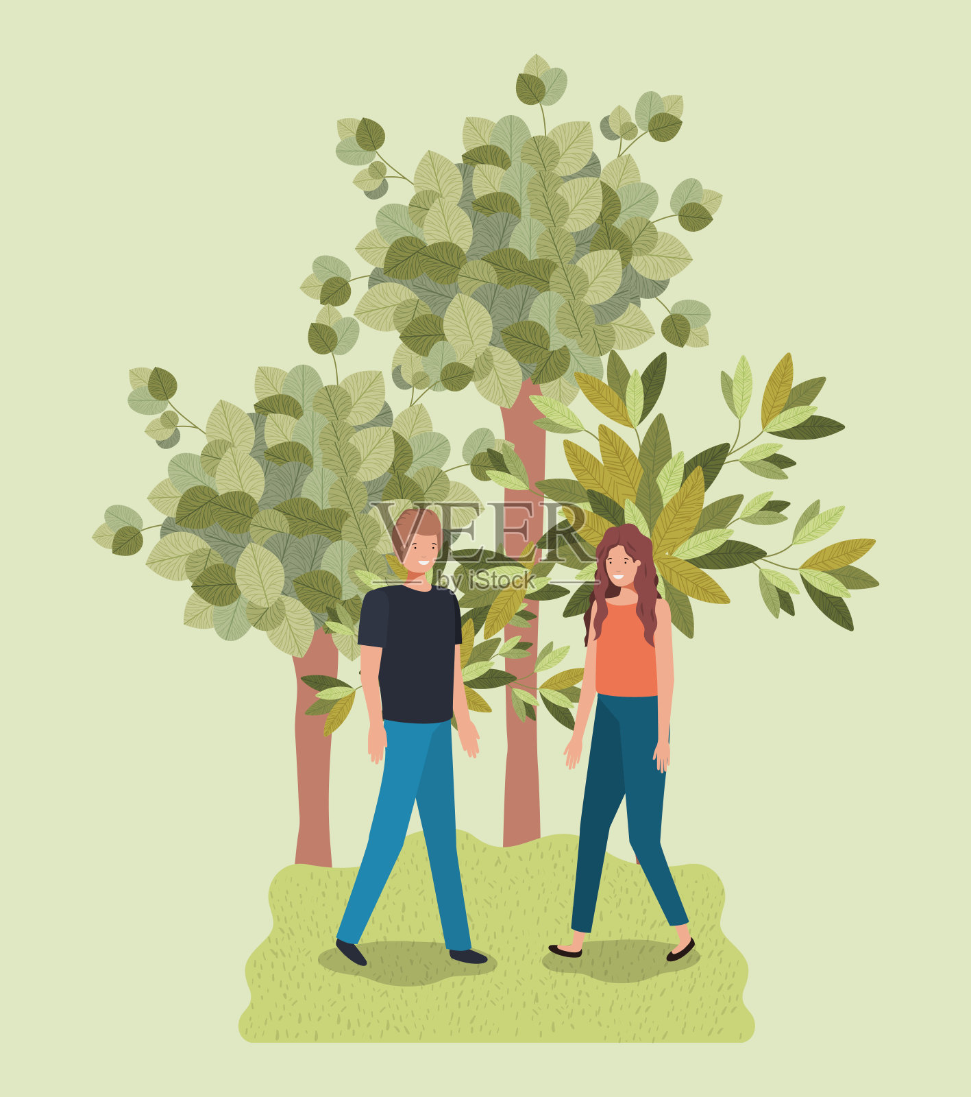 年轻的情侣漫步在公园里插画图片素材