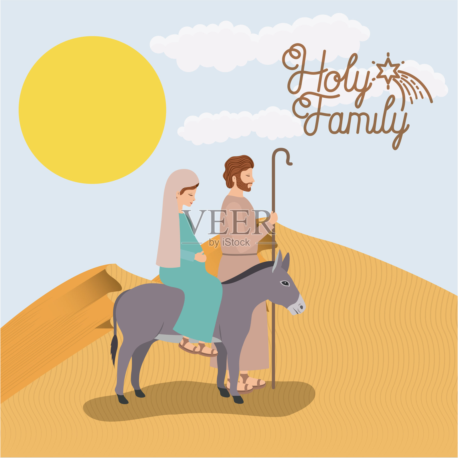 神圣家庭在沙漠旅行的圣诞卡插画图片素材