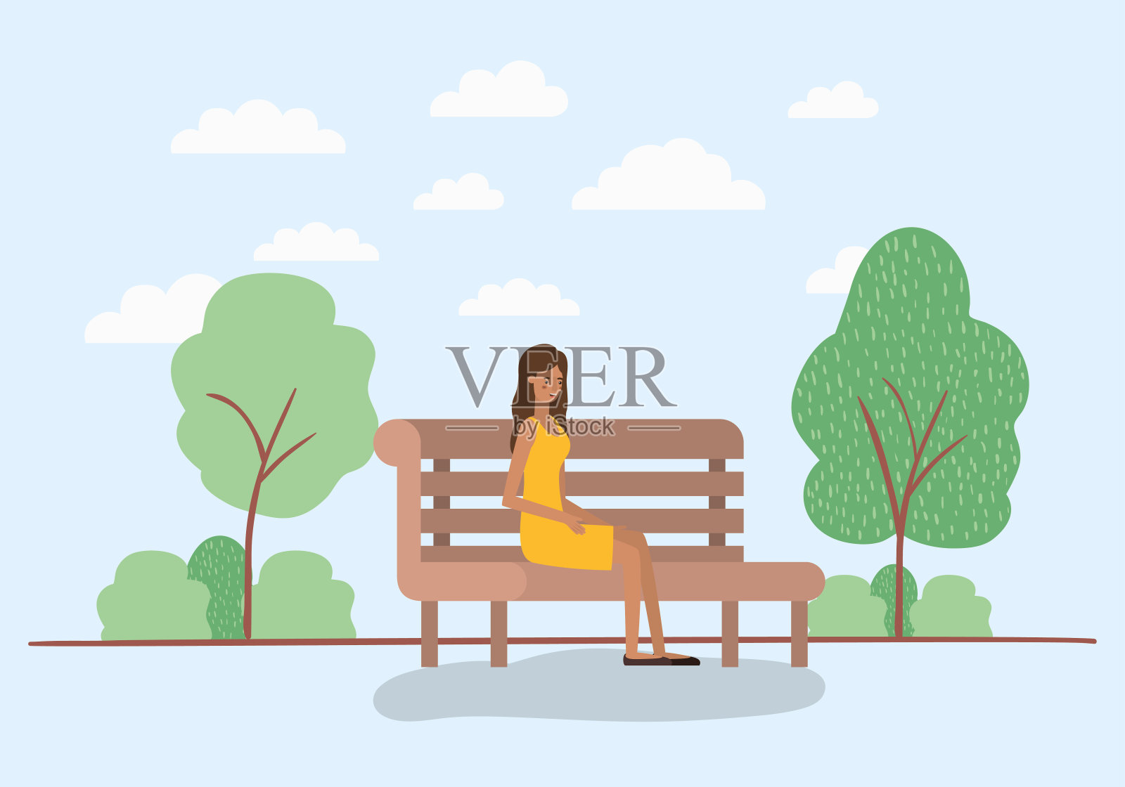 坐在公园椅子上的美女插画图片素材