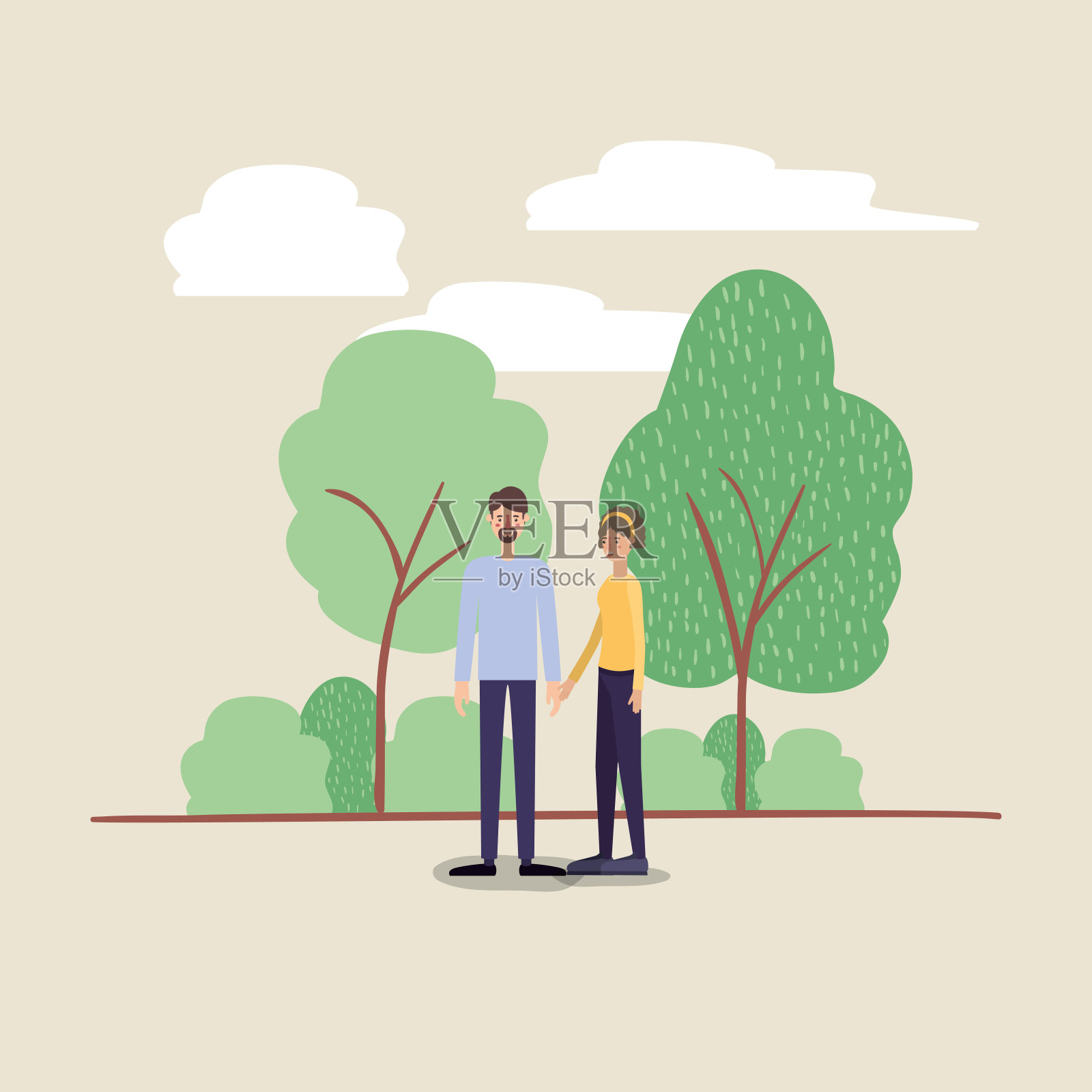 一对年轻夫妇在公园里散步插画图片素材