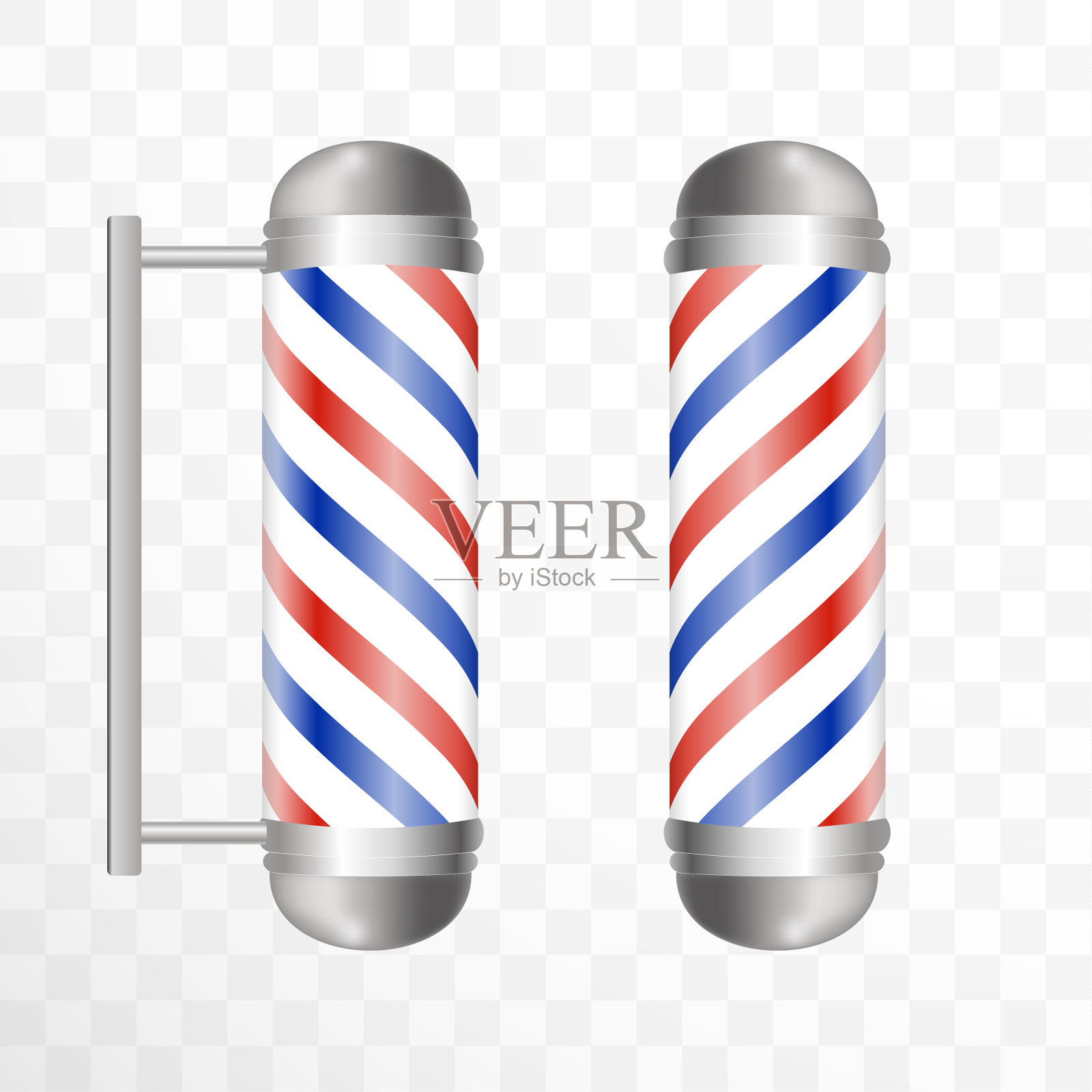 现实的理发店。两根有红蓝白条纹的玻璃理发店杆子。孤立的白色透明背景，为您的设计和品牌。插画图片素材