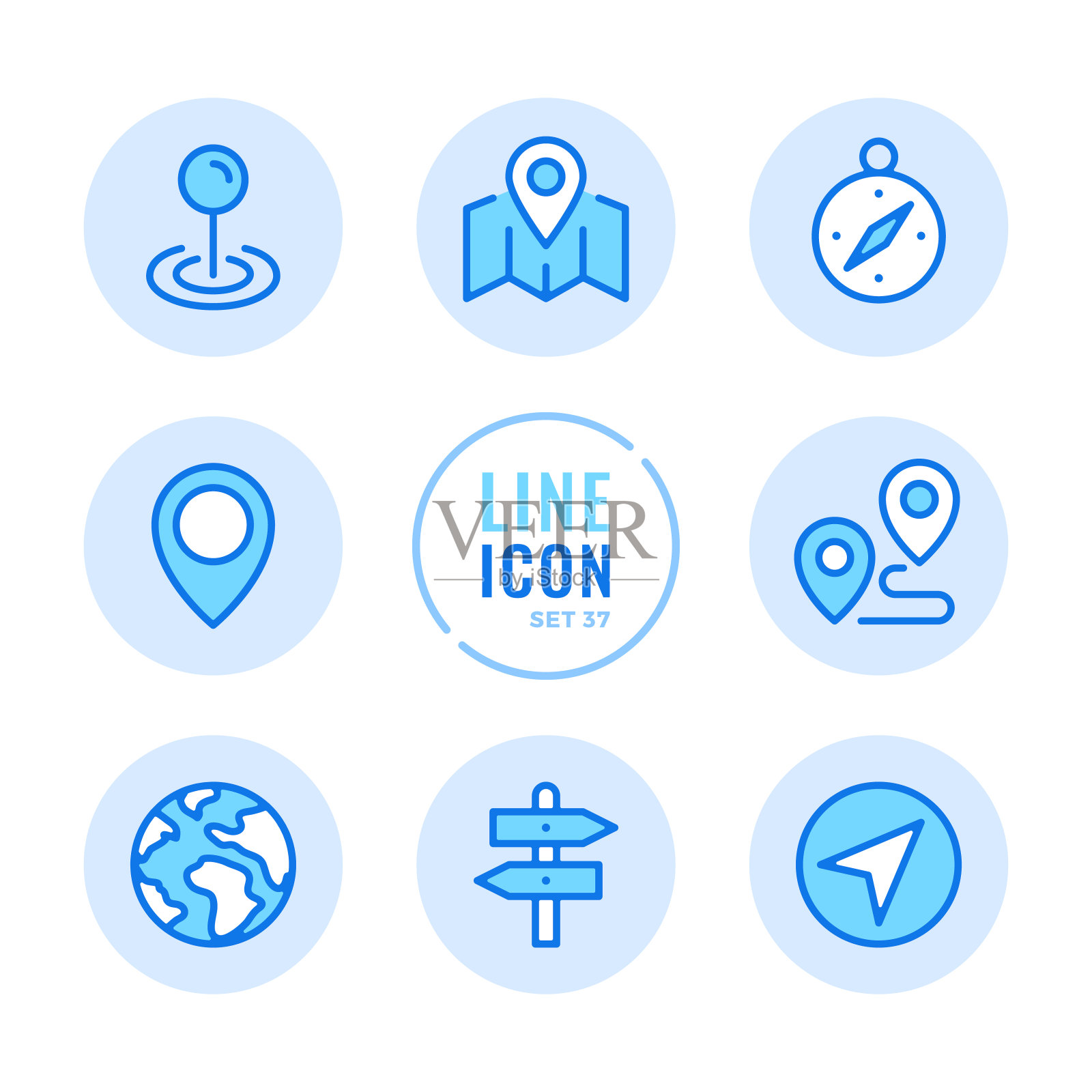 位置矢量线图标集。导航，地图引脚，指南针，地图指针，路径，标志轮廓符号。线性，细线风格。现代简单的描边轮廓图形元素的网页设计，网站，移动应用程序。圆形图标图标素材