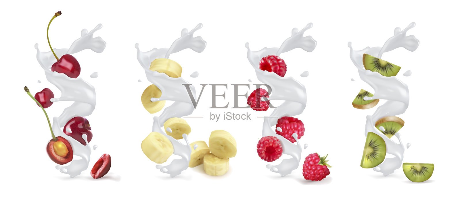 集牛奶溅或酸奶与水果和浆果。矢量现实插图上的白色背景。插画图片素材