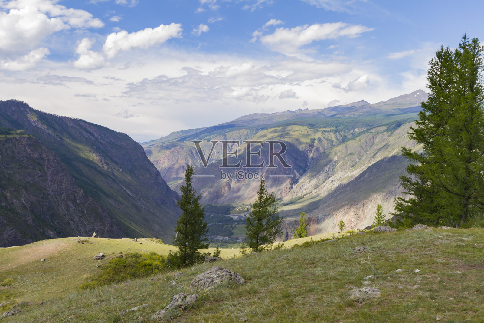 山谷的河流，俯视图照片摄影图片