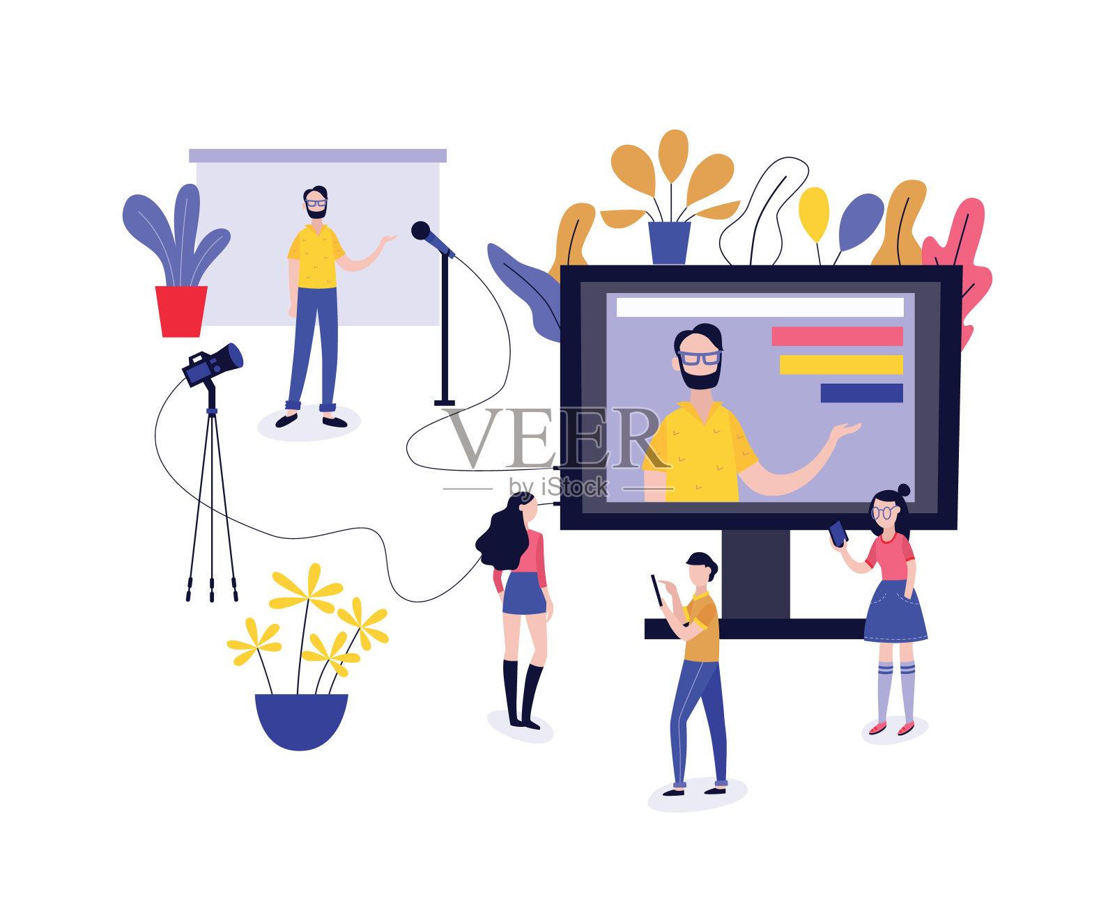 男性博主录制或流媒体在线视频，他的粉丝观看他的视频博客。插画图片素材