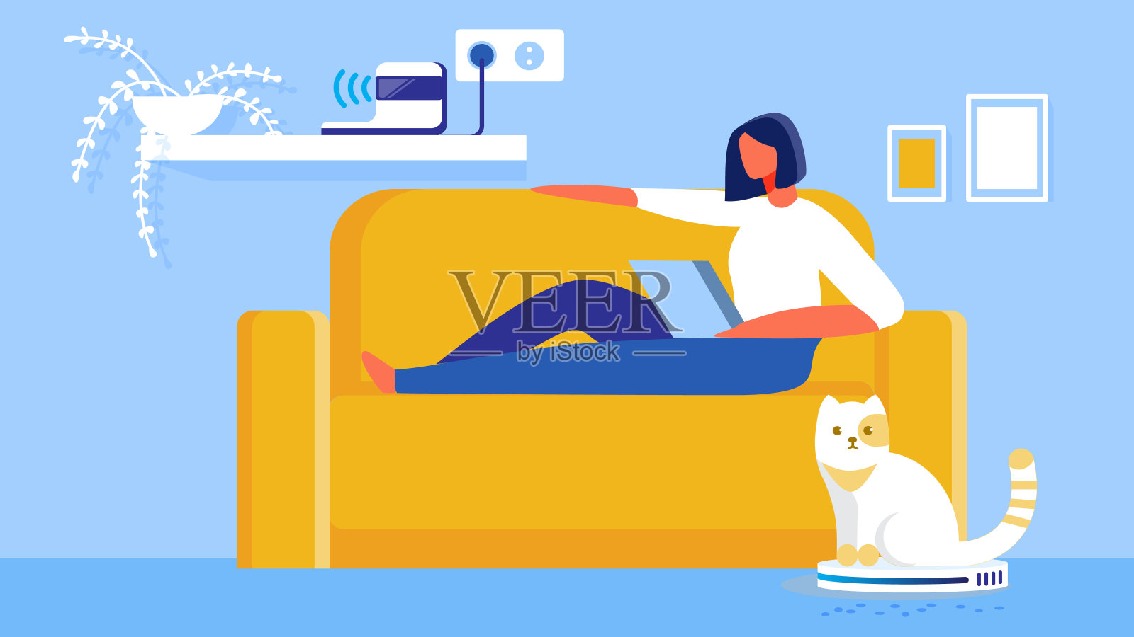 自动吸尘器吸尘羊毛帮助女孩。插画图片素材