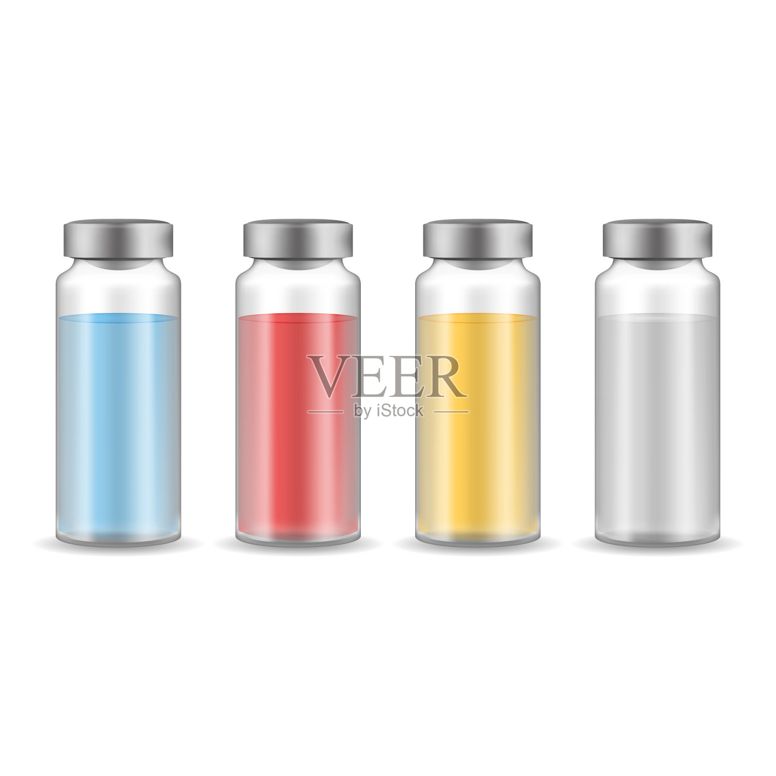 逼真详细的3d彩色医疗安瓿与铝帽组。向量插画图片素材