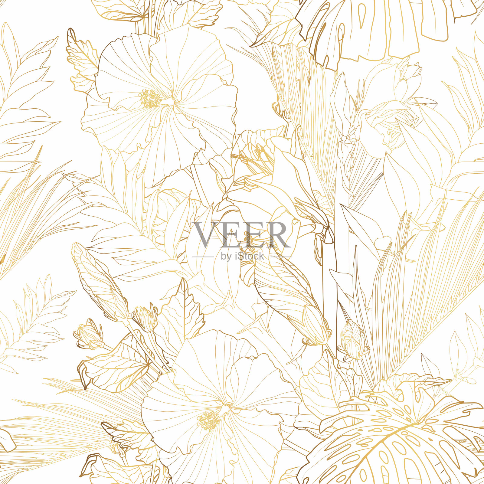 热带异域花金色线棕榈叶和芙蓉花无缝图案，白色背景。异国情调的丛林壁纸。插画图片素材