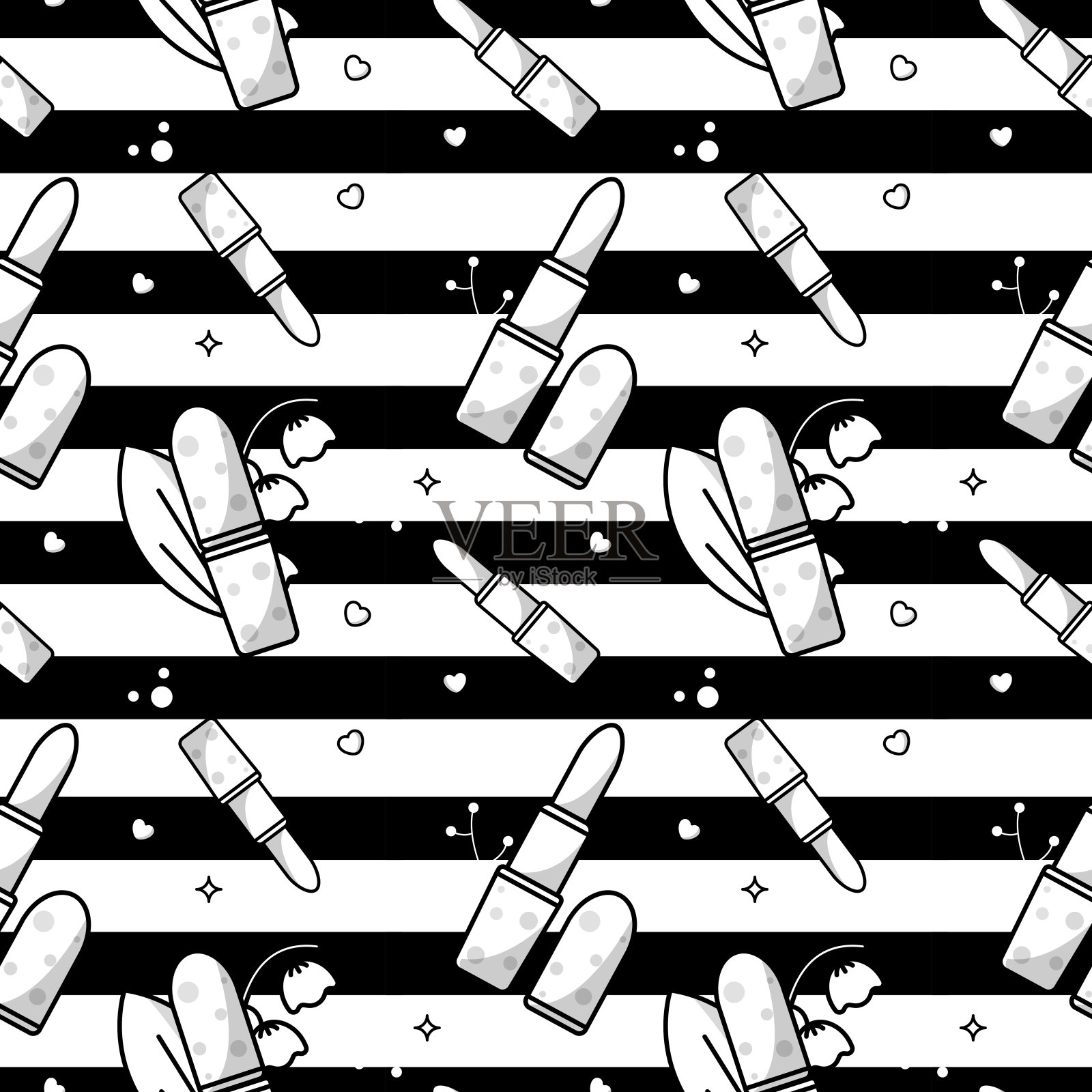矢量无缝模式与化妆配件。矢量无缝模式与化妆配件。口红、心脏和植物元素。黑白条纹的背景插画图片素材