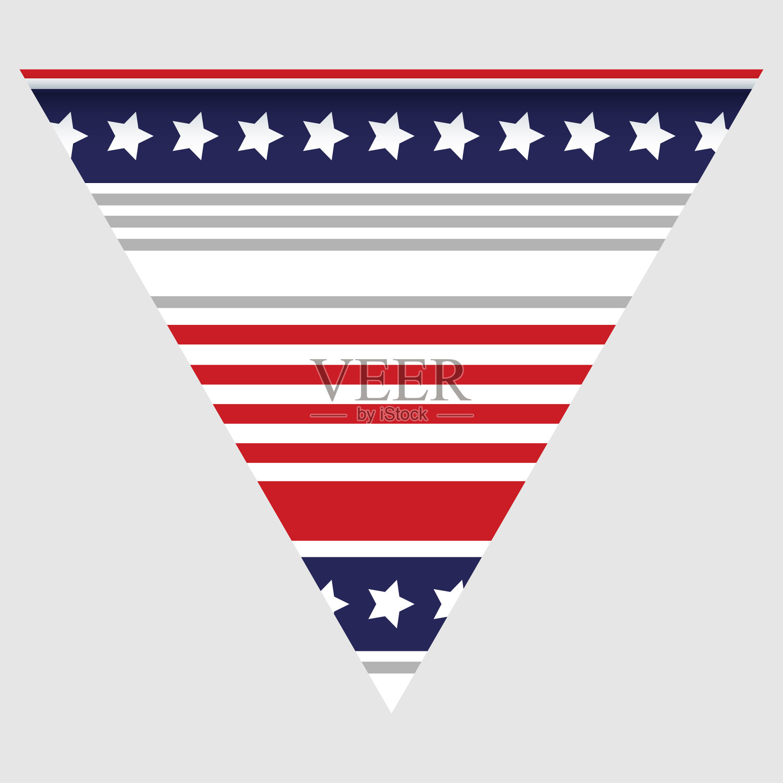 平面节日快乐三角旗，有红、蓝、白三种颜色的星星、条纹、格子、人字形。通过背景。插画图片素材