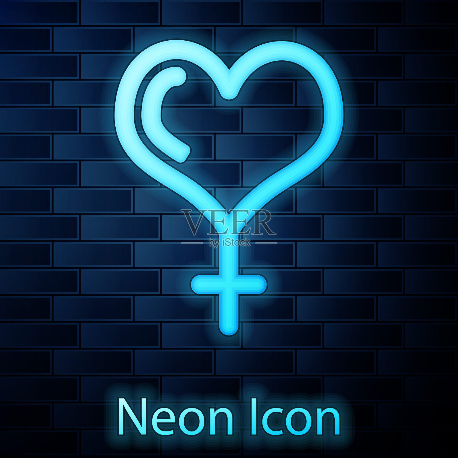 霓虹灯女性性别象征和心的图标孤立在砖墙的背景上。金星象征。女性象征象征女性有机体或女性的符号矢量图插画图片素材