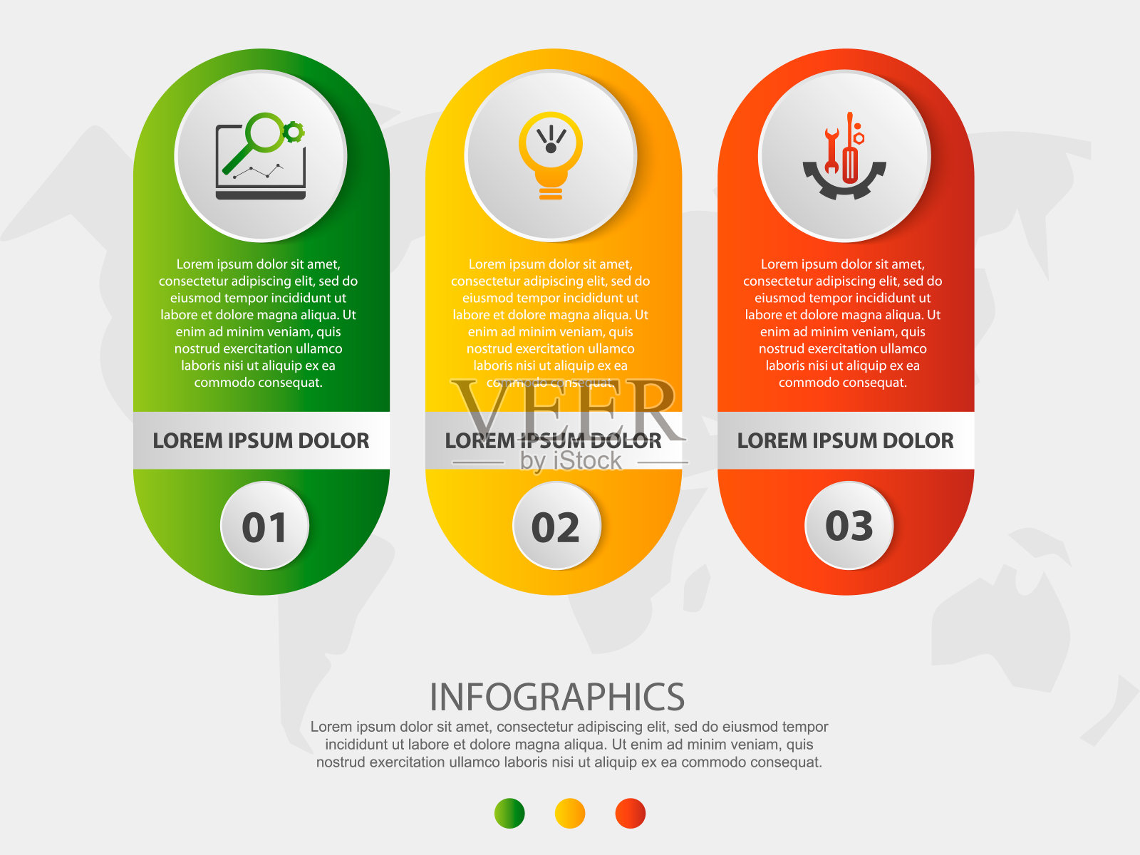 现代三维矢量插图。圆形信息图形模板与三个元素和图标。时间轴设计的业务，演示文稿，网页设计，应用程序，接口，图表与3个步骤插画图片素材