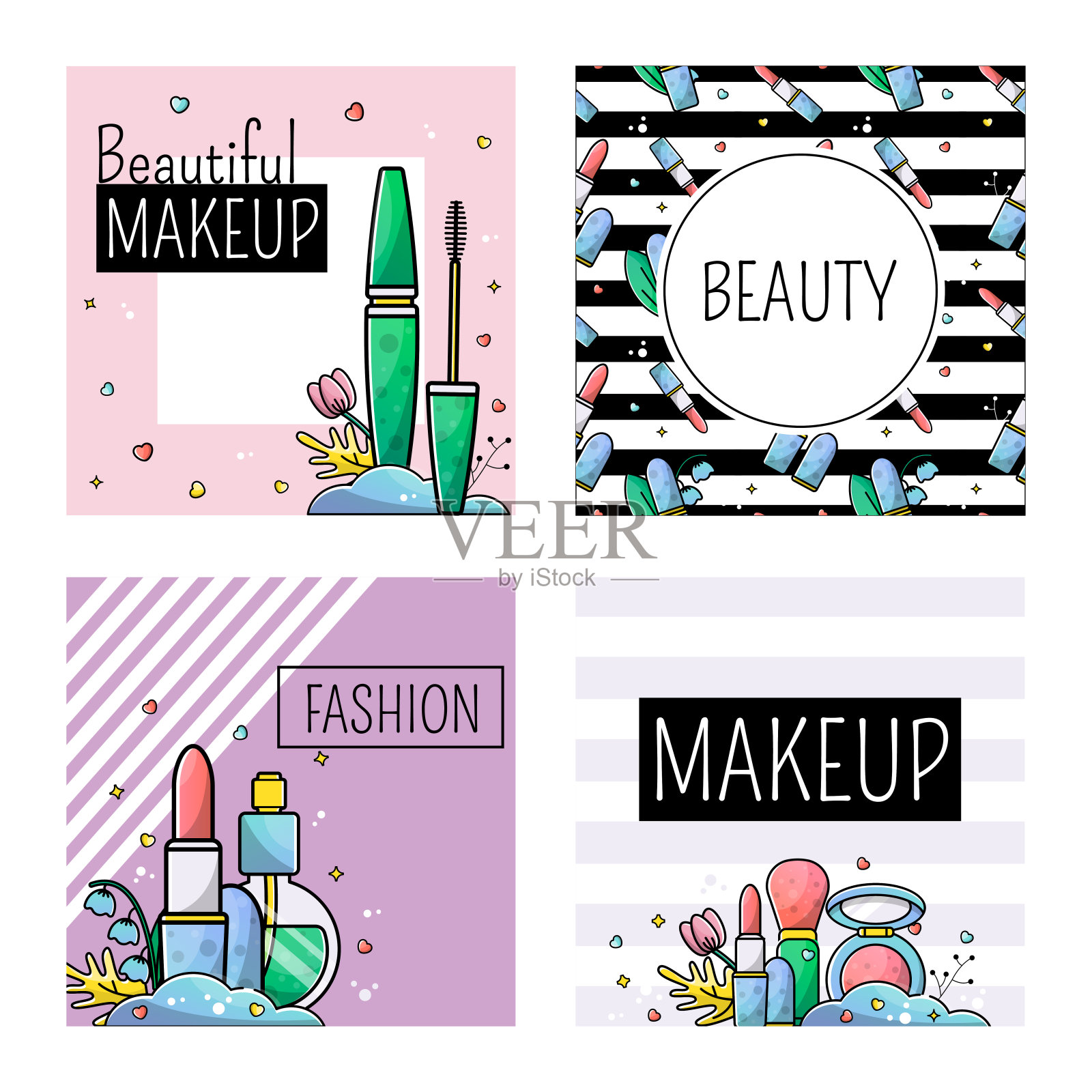 一套模板的帖子在instagram，社交媒体。完美的化妆配件、化妆品。口红，睫毛膏，粉。条纹背景。向量的横幅插画图片素材