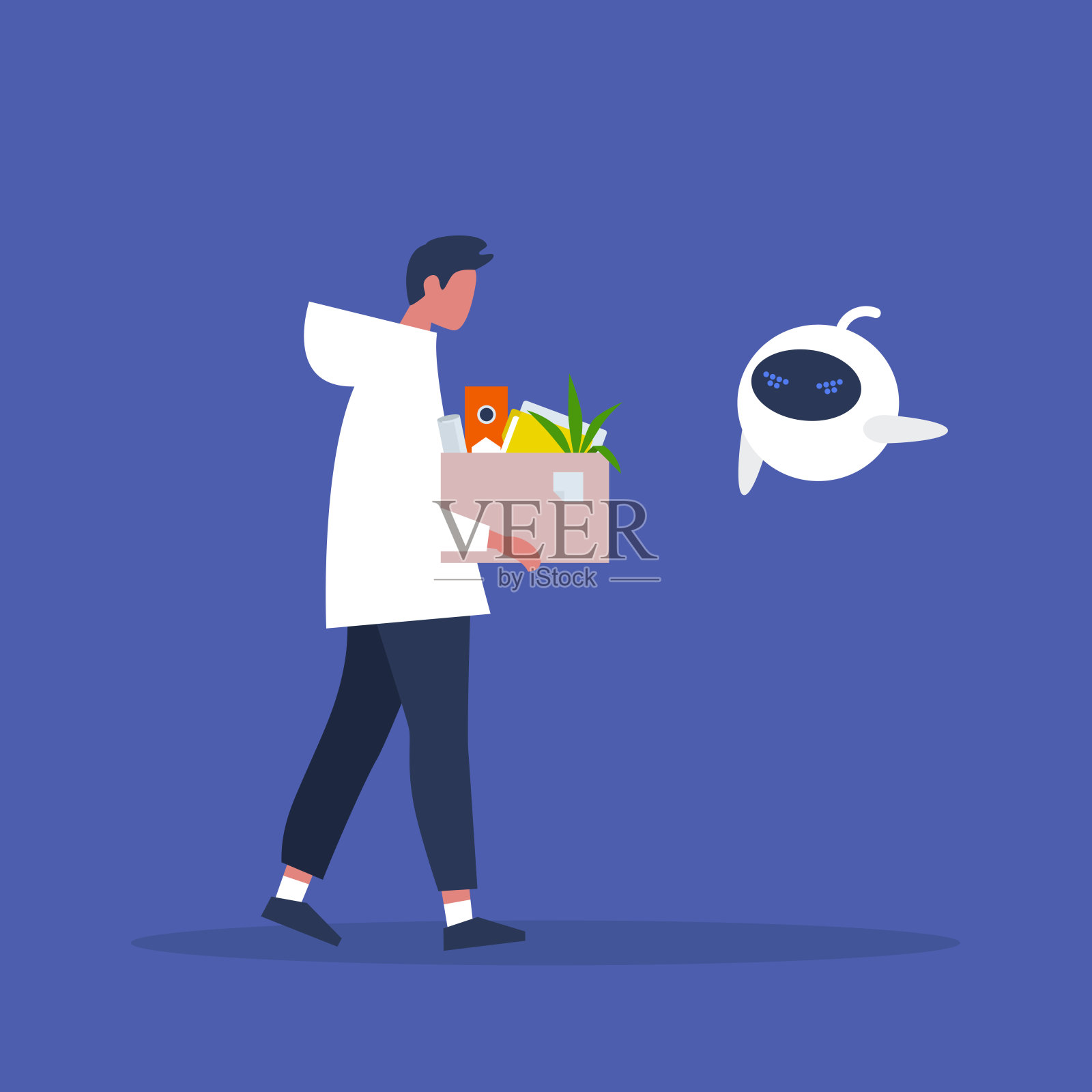 被机器人解雇的员工。白人男性的性格。人脑与人工智能之间的竞争。技术。的概念。平面可编辑矢量插图，剪辑艺术插画图片素材