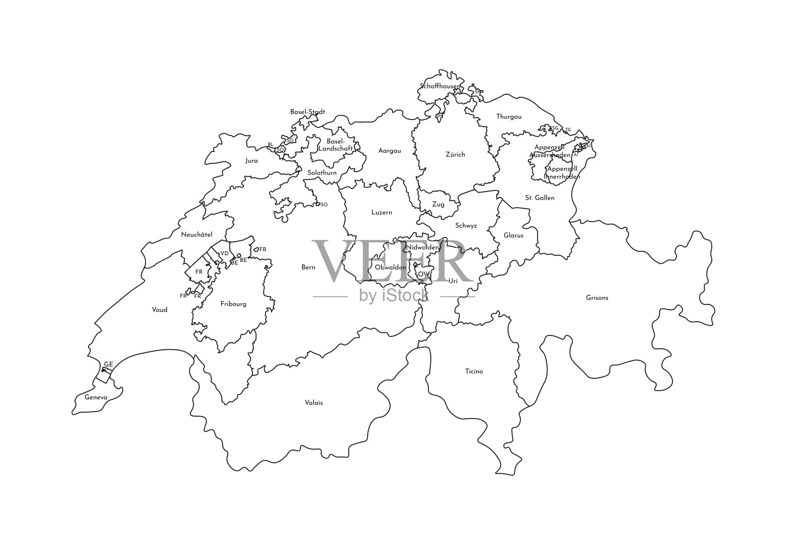 瑞士简化行政地图矢量孤立插图。地区的边界和名称。黑色的轮廓线插画图片素材