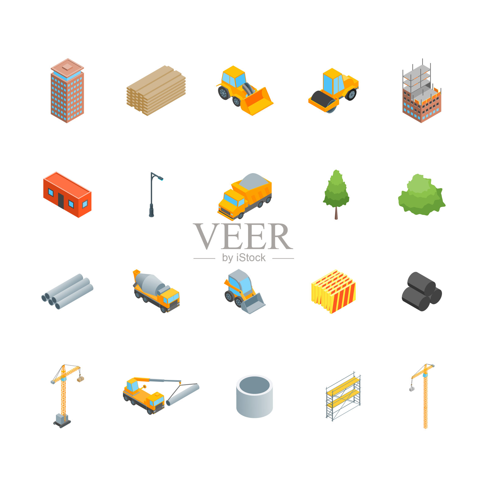 多层建筑概念图标三维等距视图的建设。向量图标素材