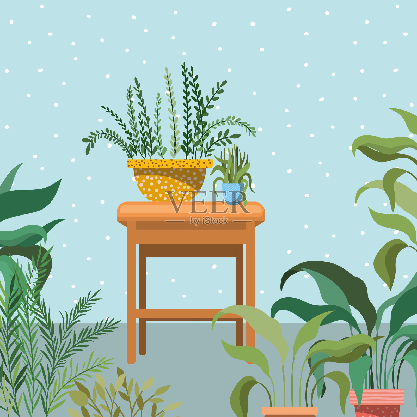 室内植物在木椅花园场景插画图片素材