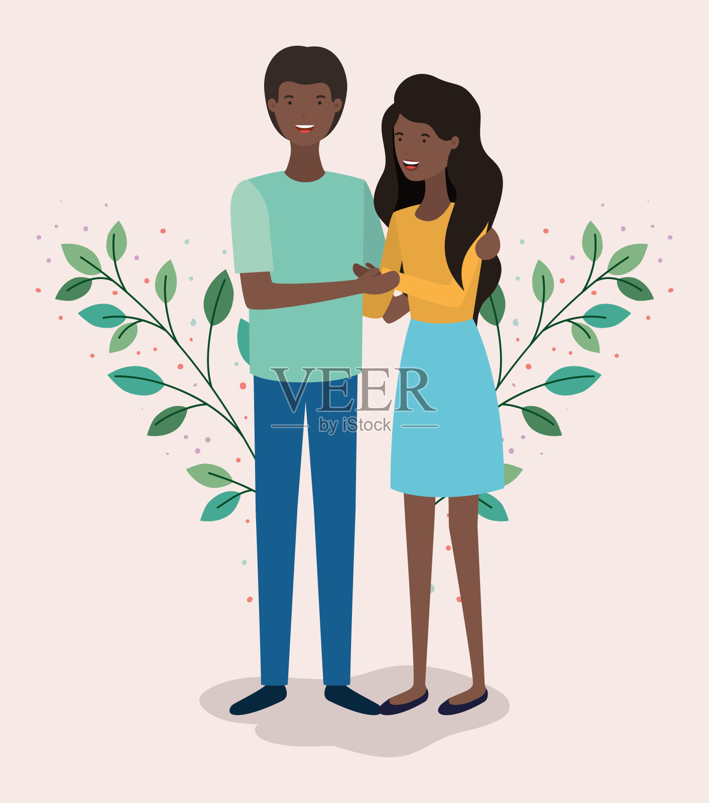 黑色情侣与叶冠字符插画图片素材