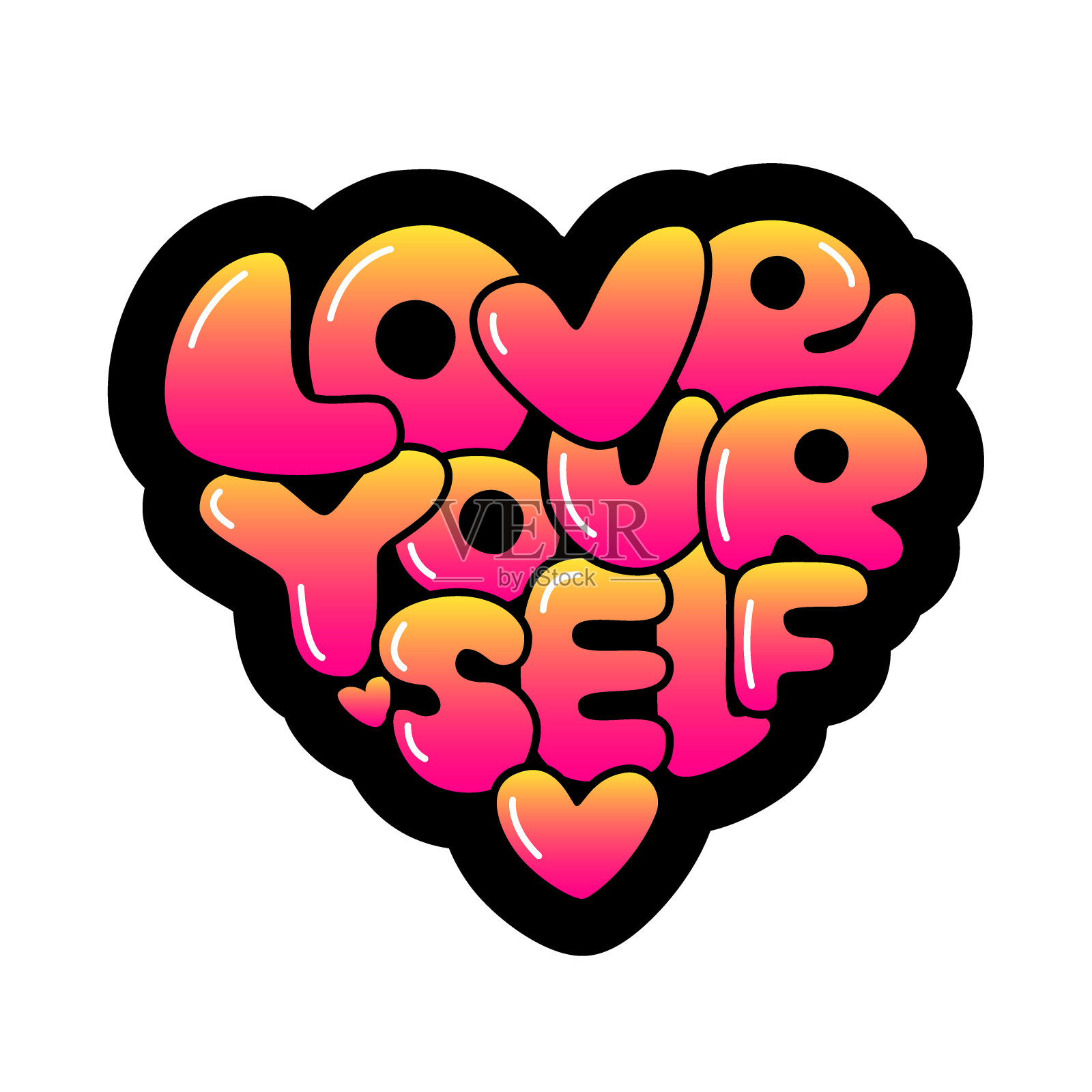 可爱的爱自己手绘渐变字母新潮的肯定短语在80年代的风格插画图片素材