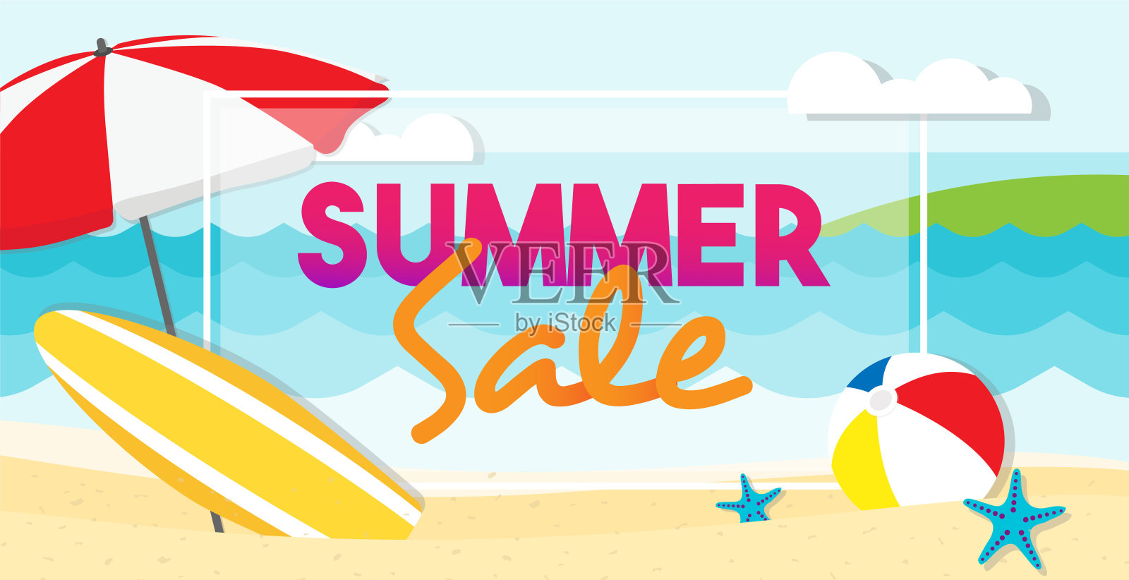 夏季销售旗帜矢量插图，夏季海滩与冲浪板，太阳伞和球。插画图片素材