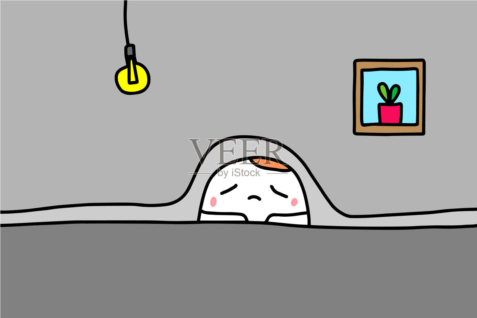 抑郁手绘插图，可爱的卡通男人睡在掩体下设计元素图片