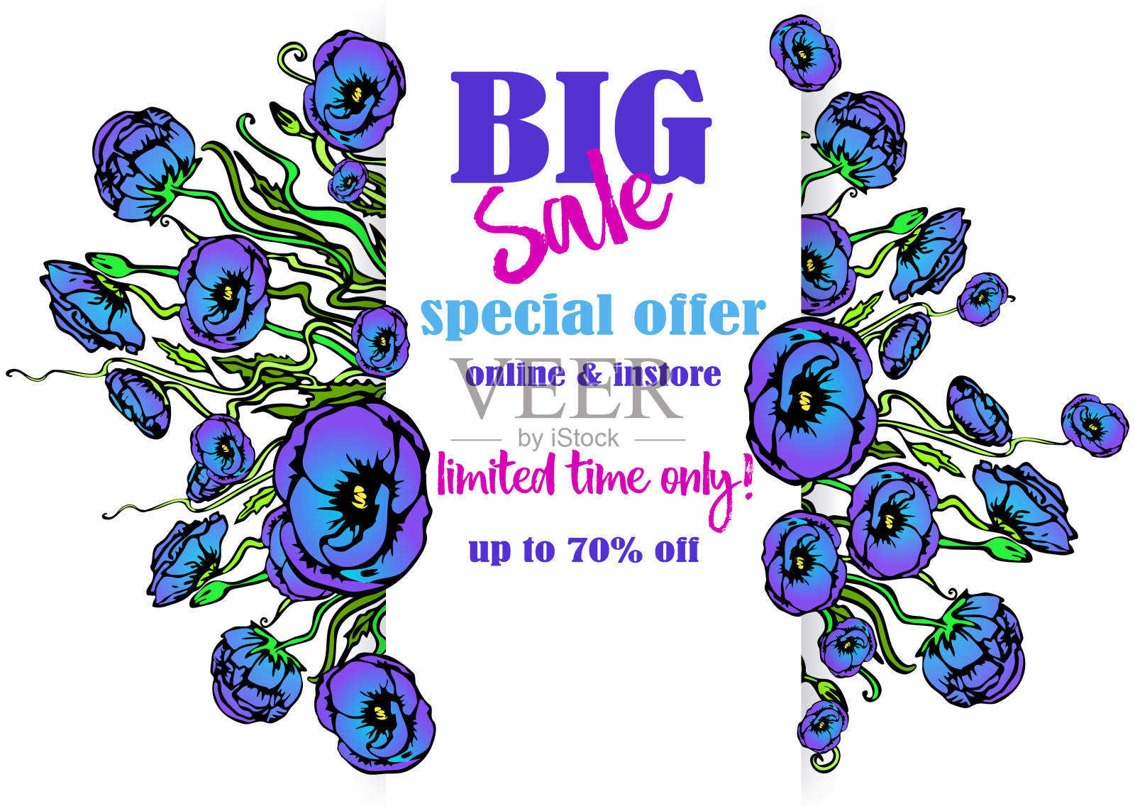 大减价flayer模板为网和打印，在白色的背景与紫色的蓝色花束。创意向量设计，优雅的罂粟花概念插画图片素材