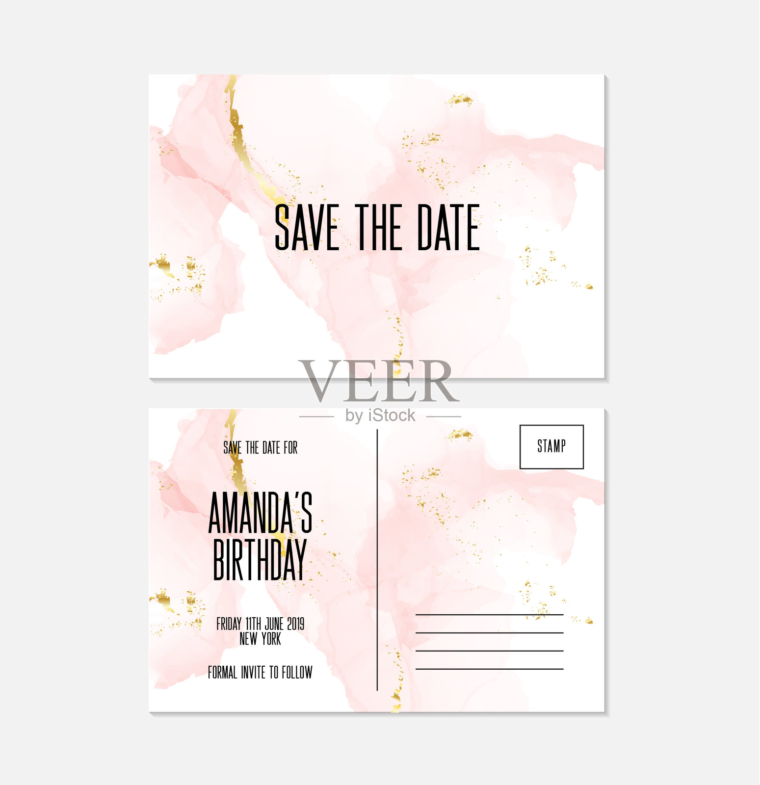 矢量粉红色温柔的生日邀请与黄金闪闪发光箔元素。水彩精美的艺术传单，问候，小册子，文具，明信片。创意设计设计模板素材